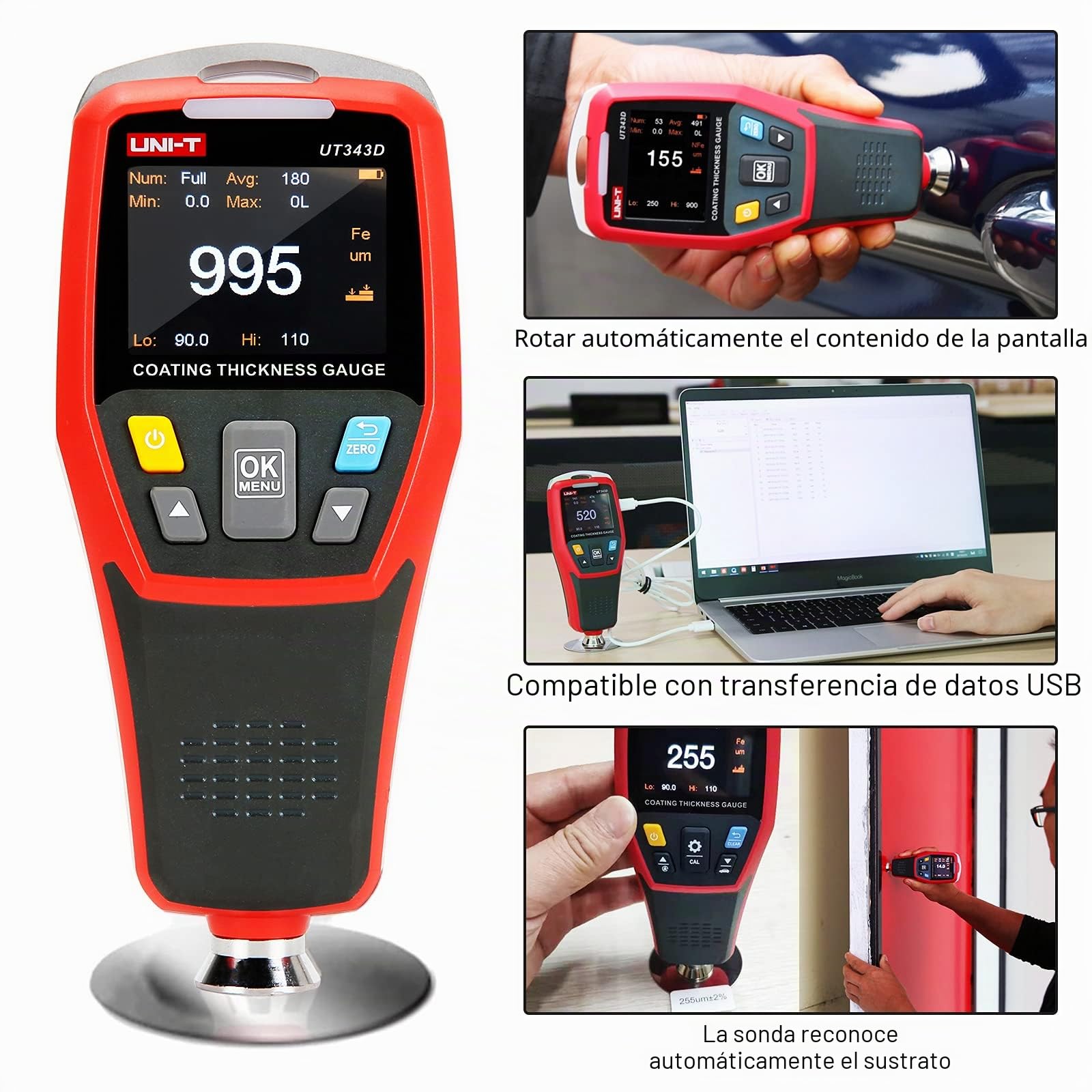 UNI-T UT343D Medidor de espesor de revestimiento digital Rango 0 a 1250um con función de datos USB
