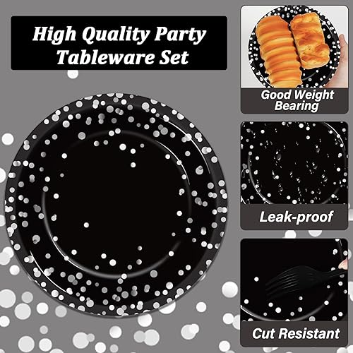 Miniatura 3 de gisgfim 96 piezas de suministros de fiesta de color negro y plateado, platos de papel, servilletas con lunares plateados en negro para fiesta de