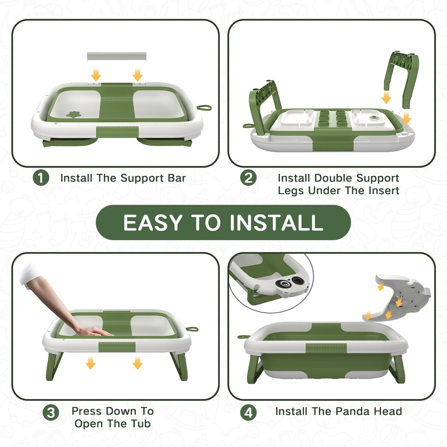 Collapsible Baby Bathtub for Newborn to Toddler (0-24 Months), Portable Baby Bath Tub for Travel, Newborn Bathtub with Soft and Supportive Cushion (Panda-Green)