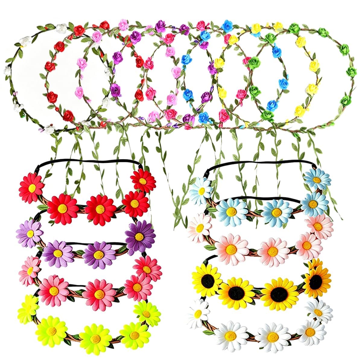 Flower Crown 16 Pcs - Flower Crowns for Women Multicolor Floral Headband Wreath, Artificial Rose Flower Headpiece for Wedding, Birthday, Festival, Vacation, Fairy Party Photography Props