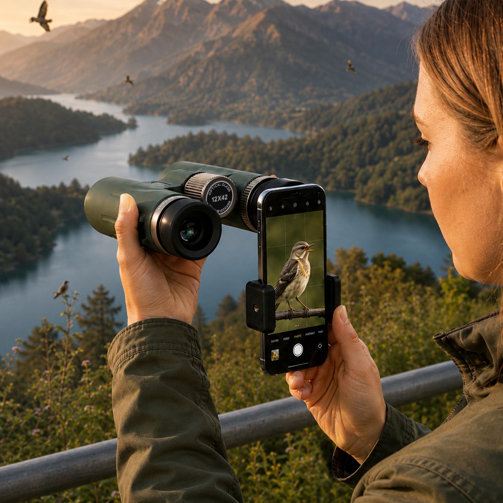 12x42 HD wasserdichtes Profi-Fernglas mit BAK4 Prisma, FMC Linse, Smartphone Adapter & Tragetasche, Easy Focus Weitwinkel – ideal für Vogelbeobachtung, Stargazing, Reisen, Wandern, Jagd & Konzerte