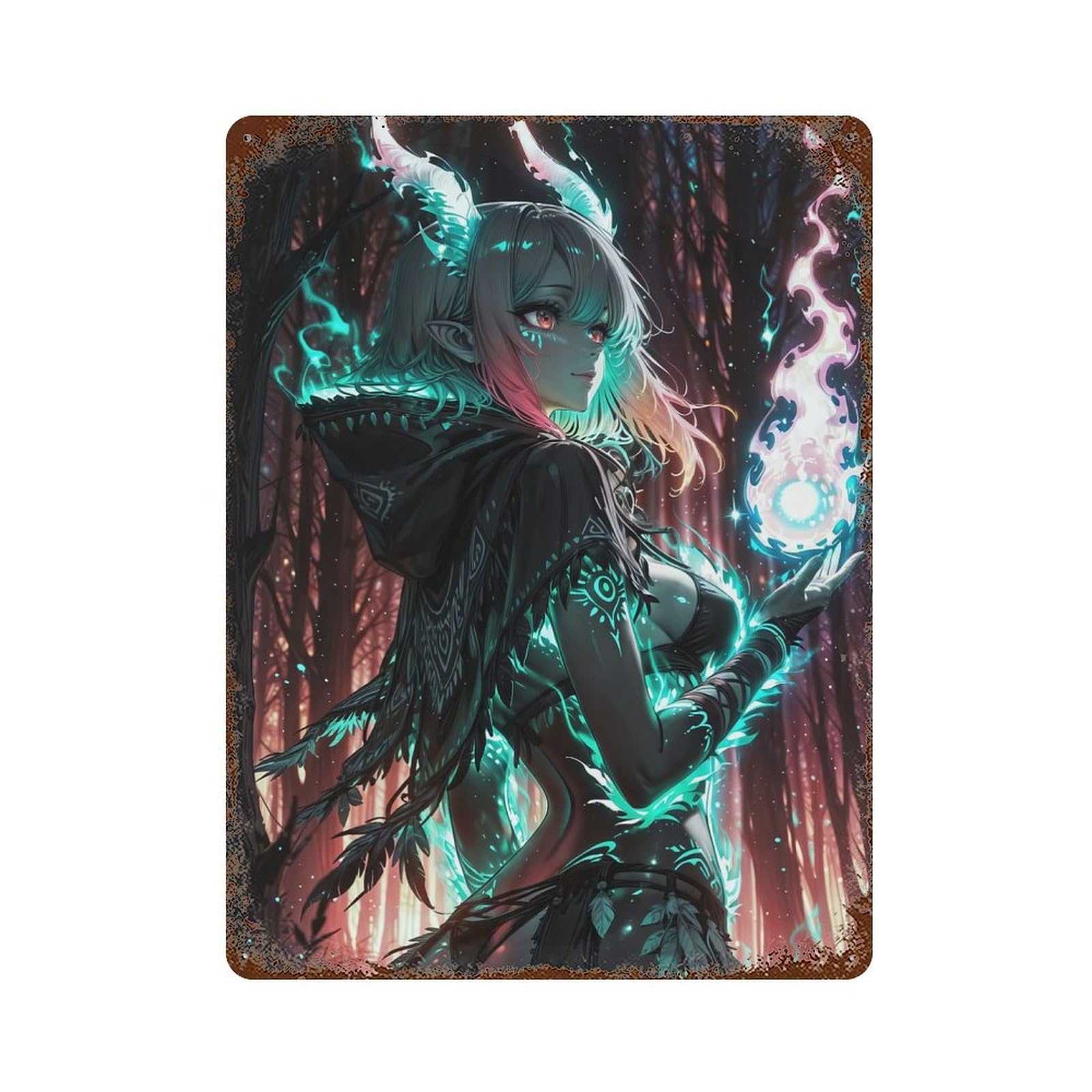 Anime Demon Girl with Fire Vintage Rust Metal Sign 15.7"x11.8", Shabby Chic Decor for Shed, Workshop And Garage Wall Decor