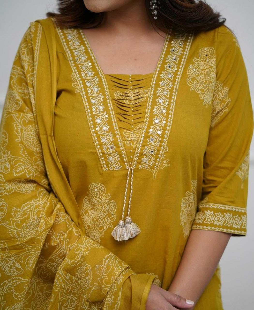 PARTHVI Women's Pure Cotton Printed Ethnic Set with Handwork Kurta with Pants and Dupatta, Wedding Suit Set (P-1079-Yellow-XL) - Image 5 thumbnail