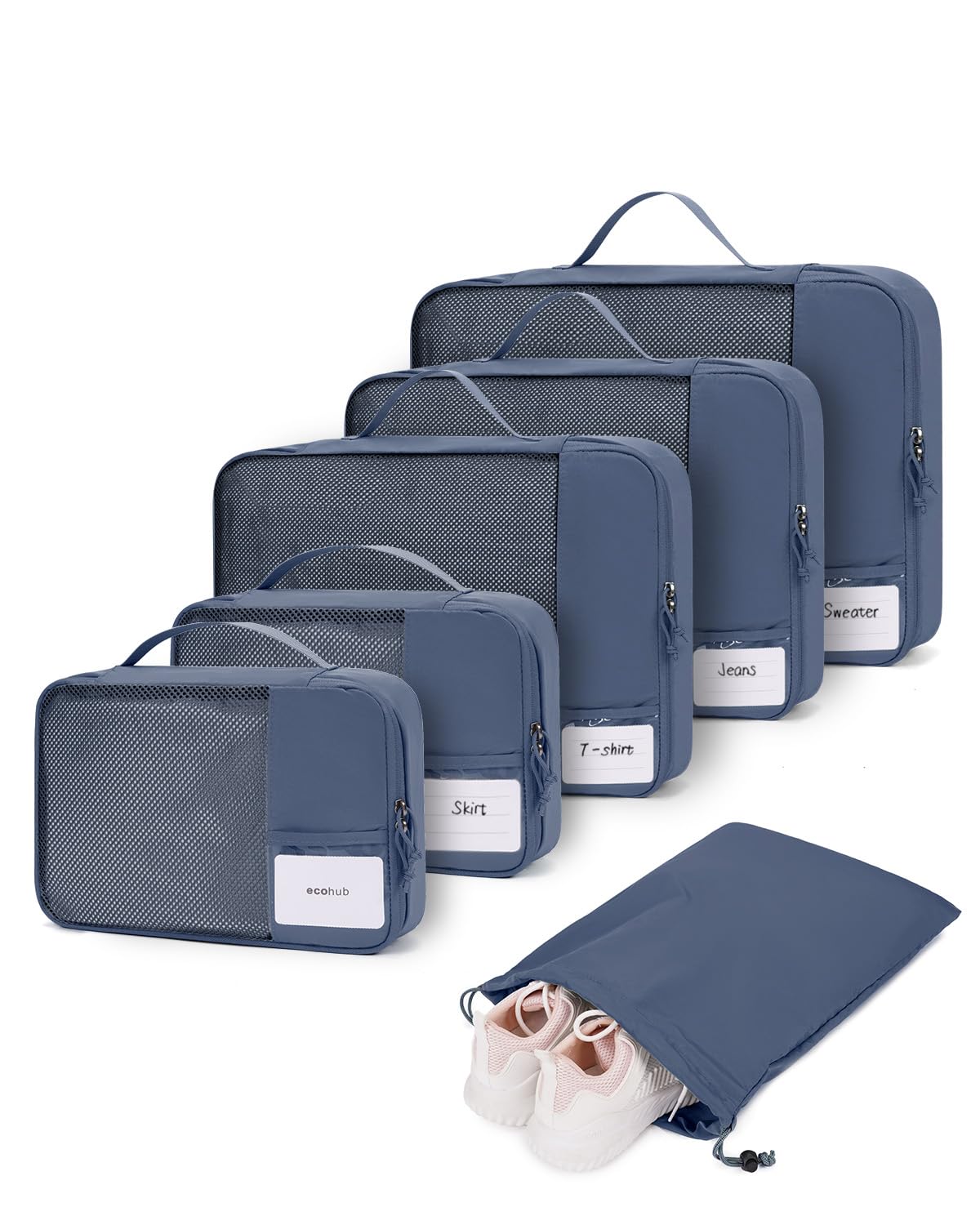 ECOHUB Zestaw Organizerów do Walizki 6 szt., Kostki do Pakowania z Etykietą ID, Ekologiczne Packing Cubes, Lekkie Torby Podróżne do Plecaka, System Porządkowania Bagażu(Ciemnoniebieski)