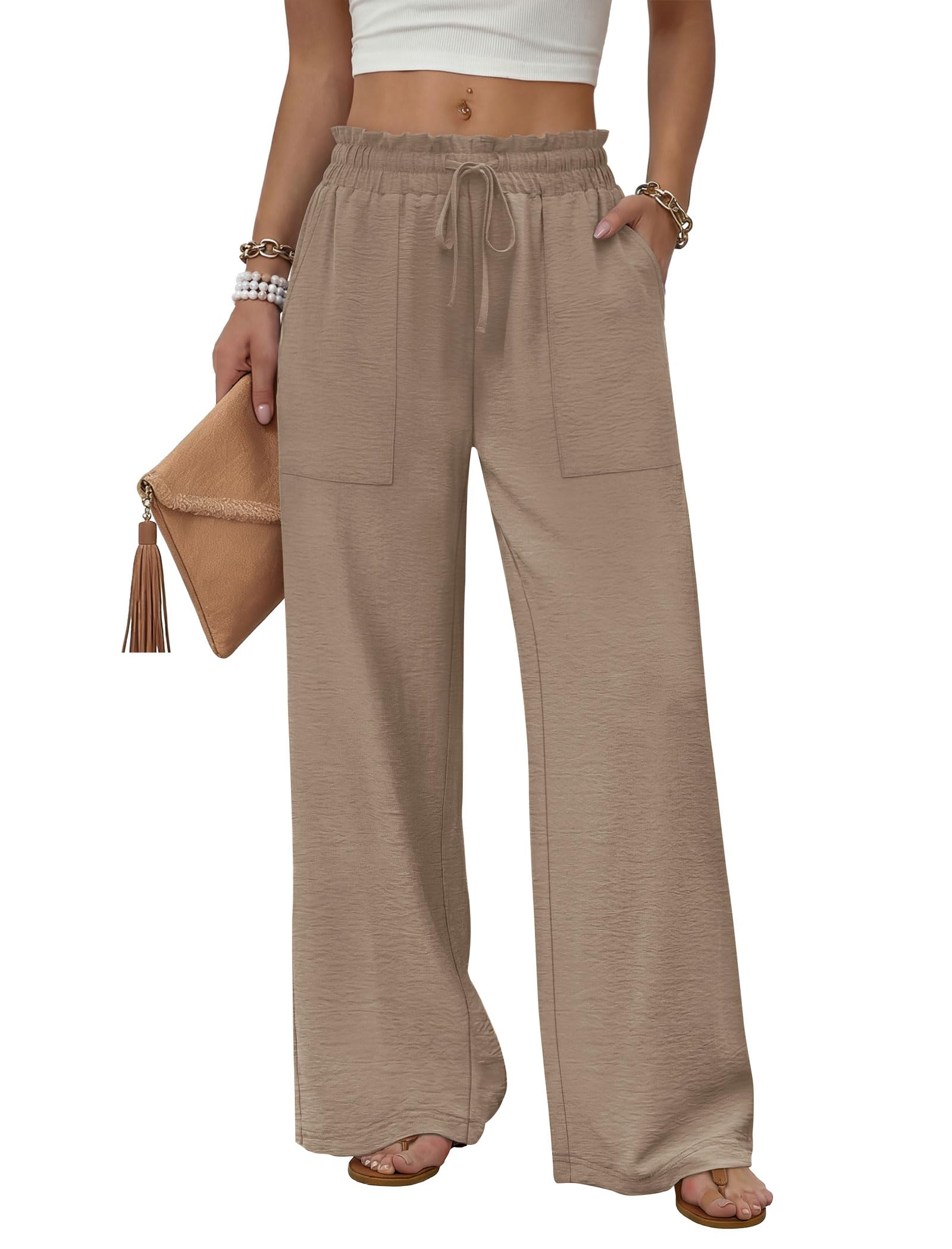 WIHOLL Women's Wide Leg Pants with Pockets Drawstring Loose Trousers Business Work Pants Summer Beach Vacation Clothes — view 9