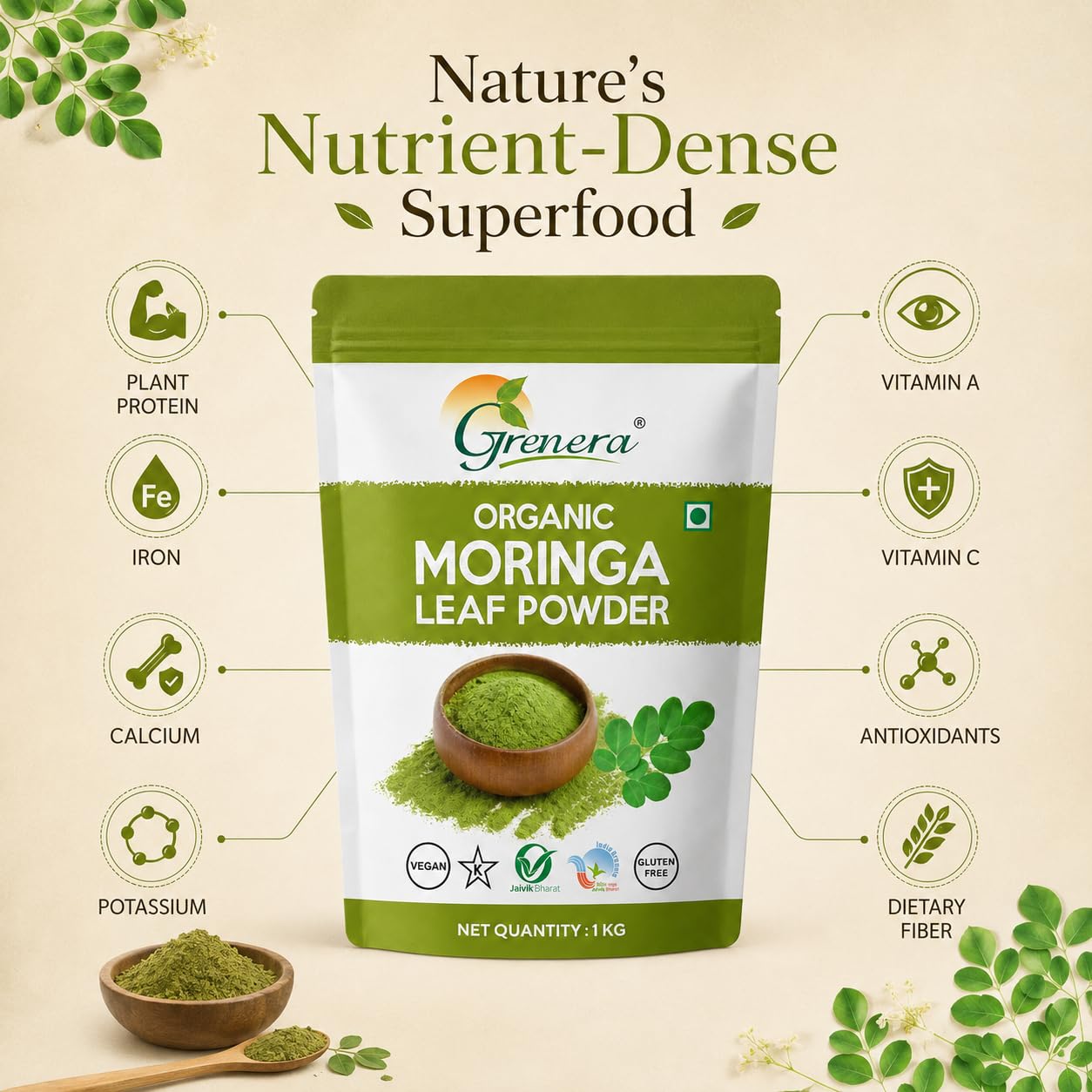 Grenera Organic Moringa Leaf Powder 1 kg, Drumstick Leaf Powder, Pure Shigru for Healthy Life, Organic Certified, No Chemicals or Preservatives 1