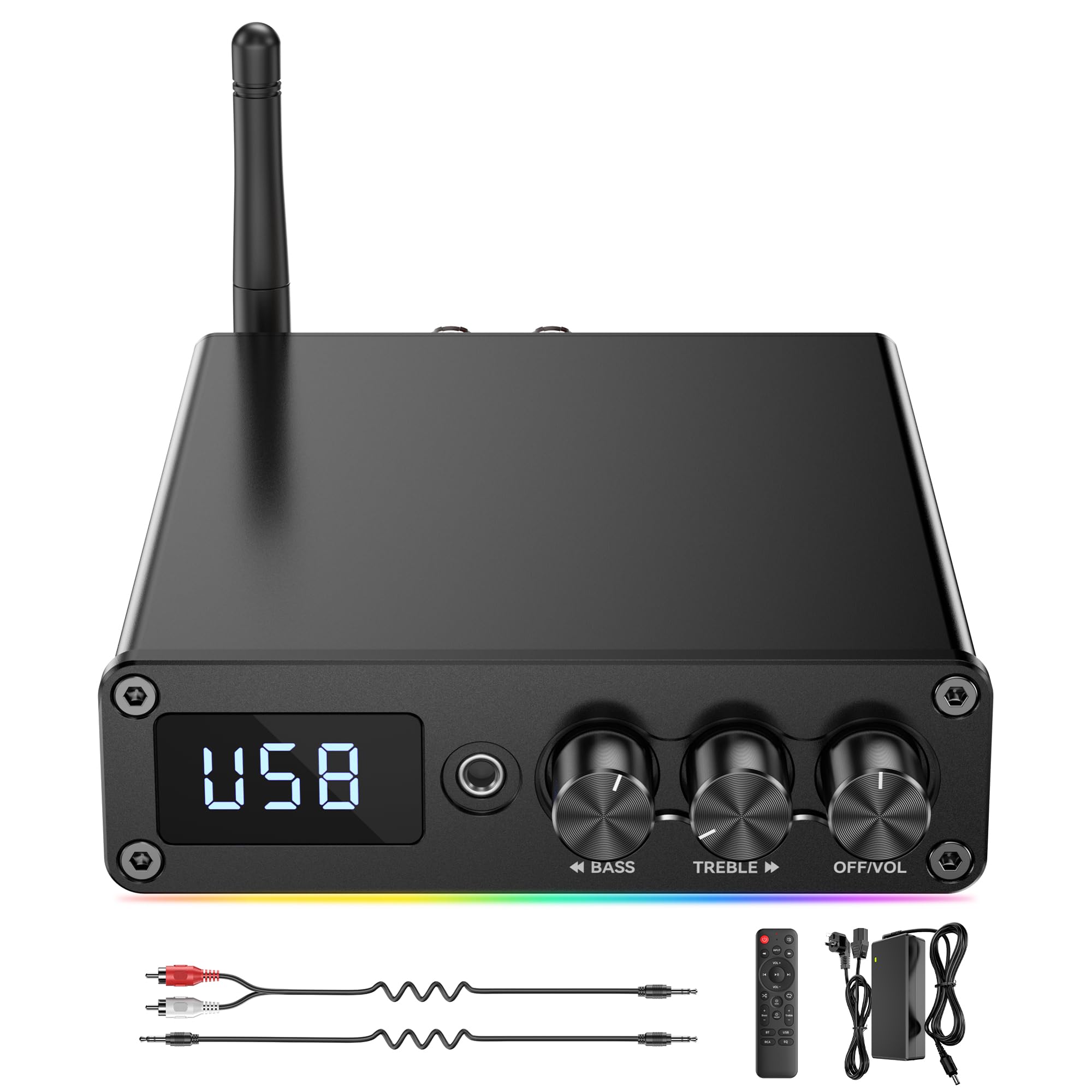 Rylithon G12D Amplifier Stereo Receiver, Bluetooth 5.3 Mini Amplifier 2 Channels 100W x2 HiFi Class D Amp with RCA/Optical/Coaxial/Mic Input and Bass Treble Control for Home Outdoor Speakers