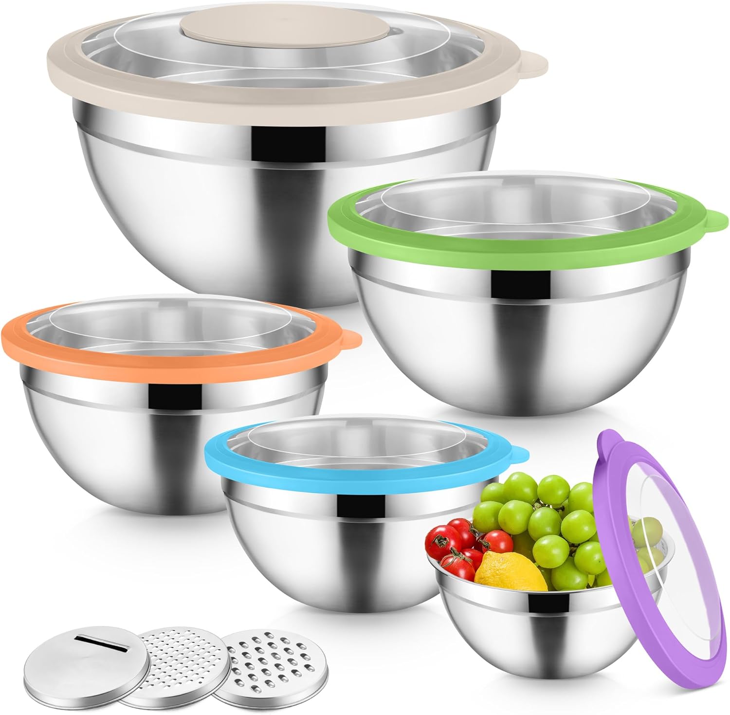 Vesteel Mixing Bowls with Lids Set of 5, Stainless Steel Prep Bowls with Upgraded Airtight Visible Lid, Metal Nesting Bowl Attach with 3 Graters for Kitchen Grating/Shredding/Mixing - Mulicolor
