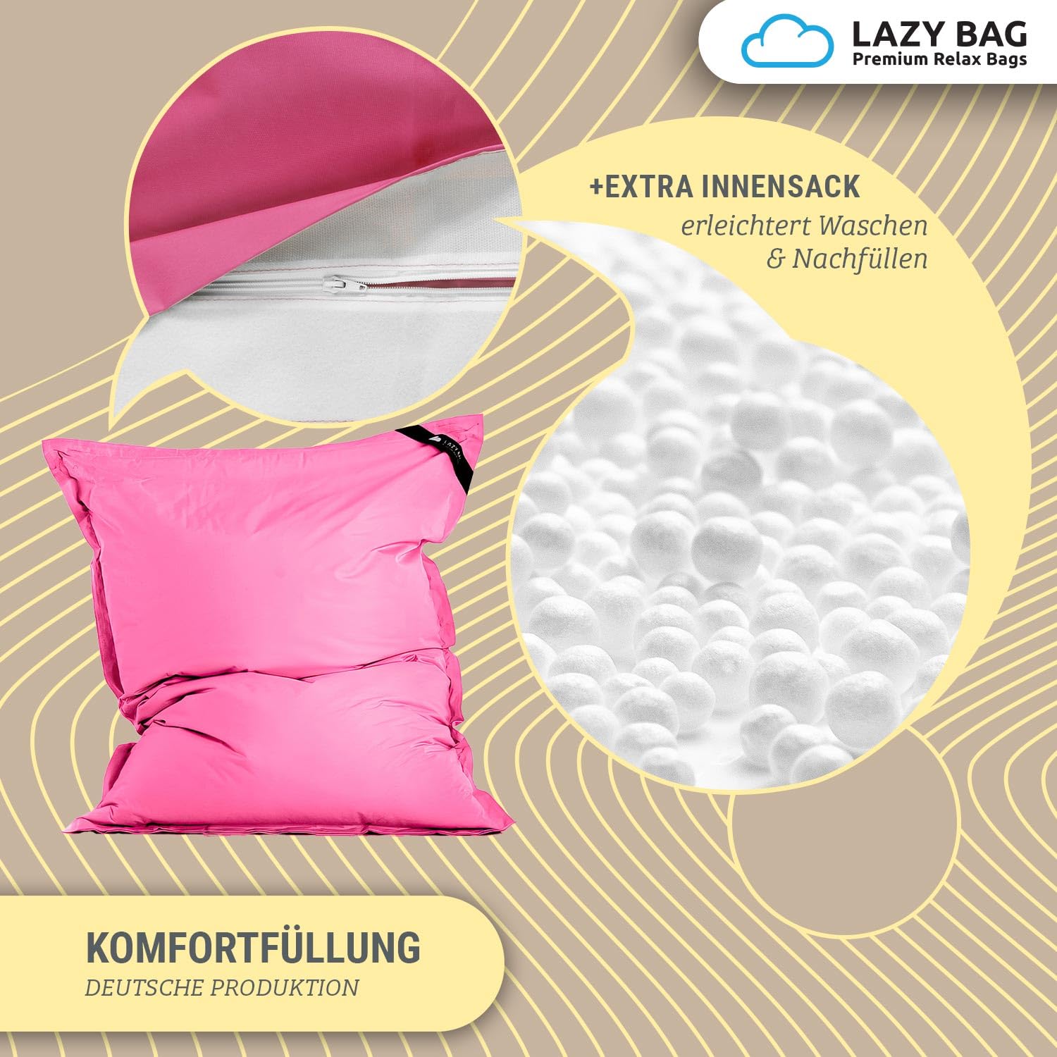 LAZY BAG Riesen-Sitzsack Classic XXL 140x180 cm | Sitzkissen 2-in-1 für relaxtes Sitzen & Liegen | Bequeme Indoor & Outdoor 4 Mio. EPS-Perlen für perfekte Ergonomie | waschbarer Bezug
