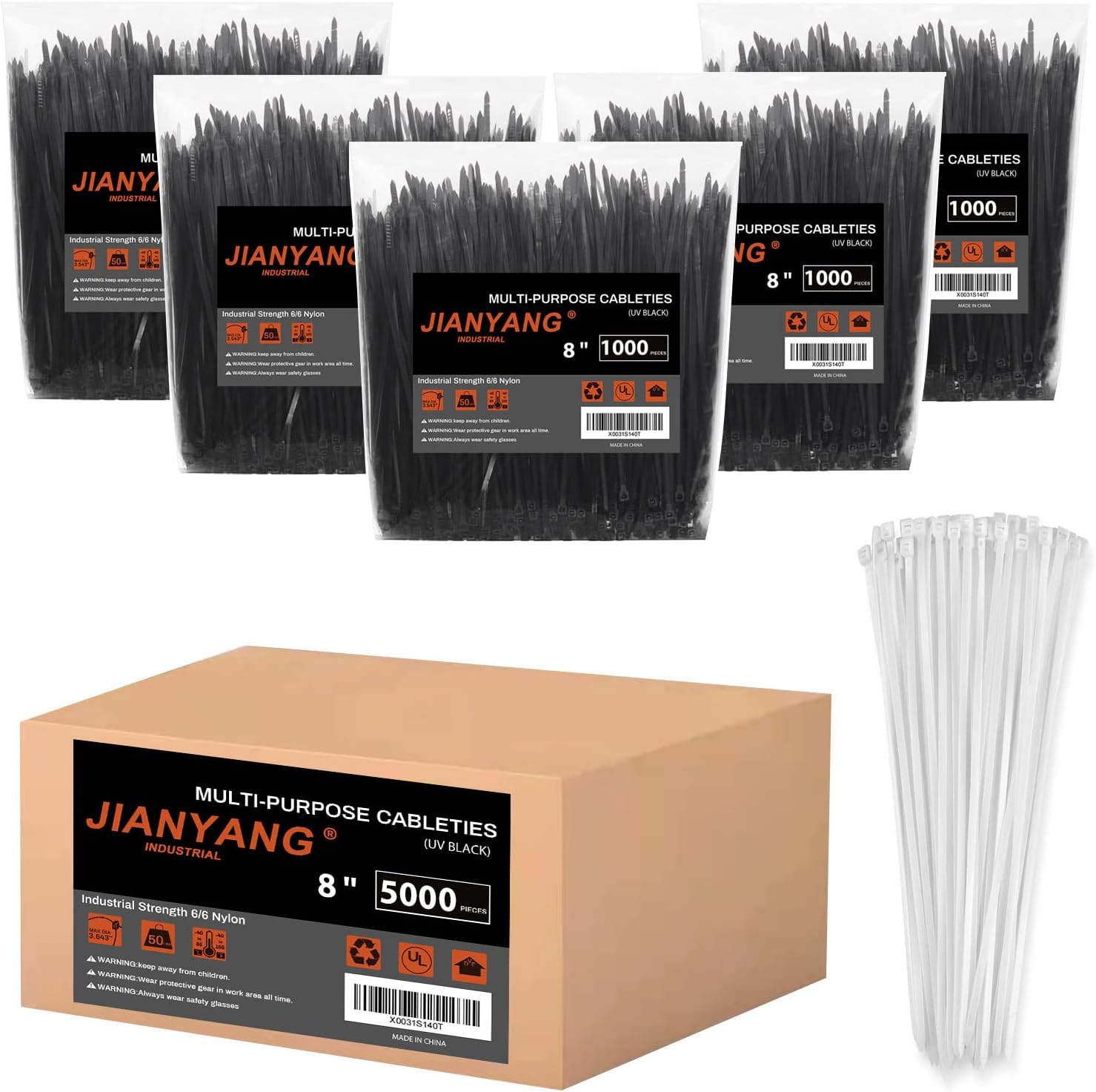 8 Inch Zip Ties (Bulk 5000 Pack Black & 500 Pack White