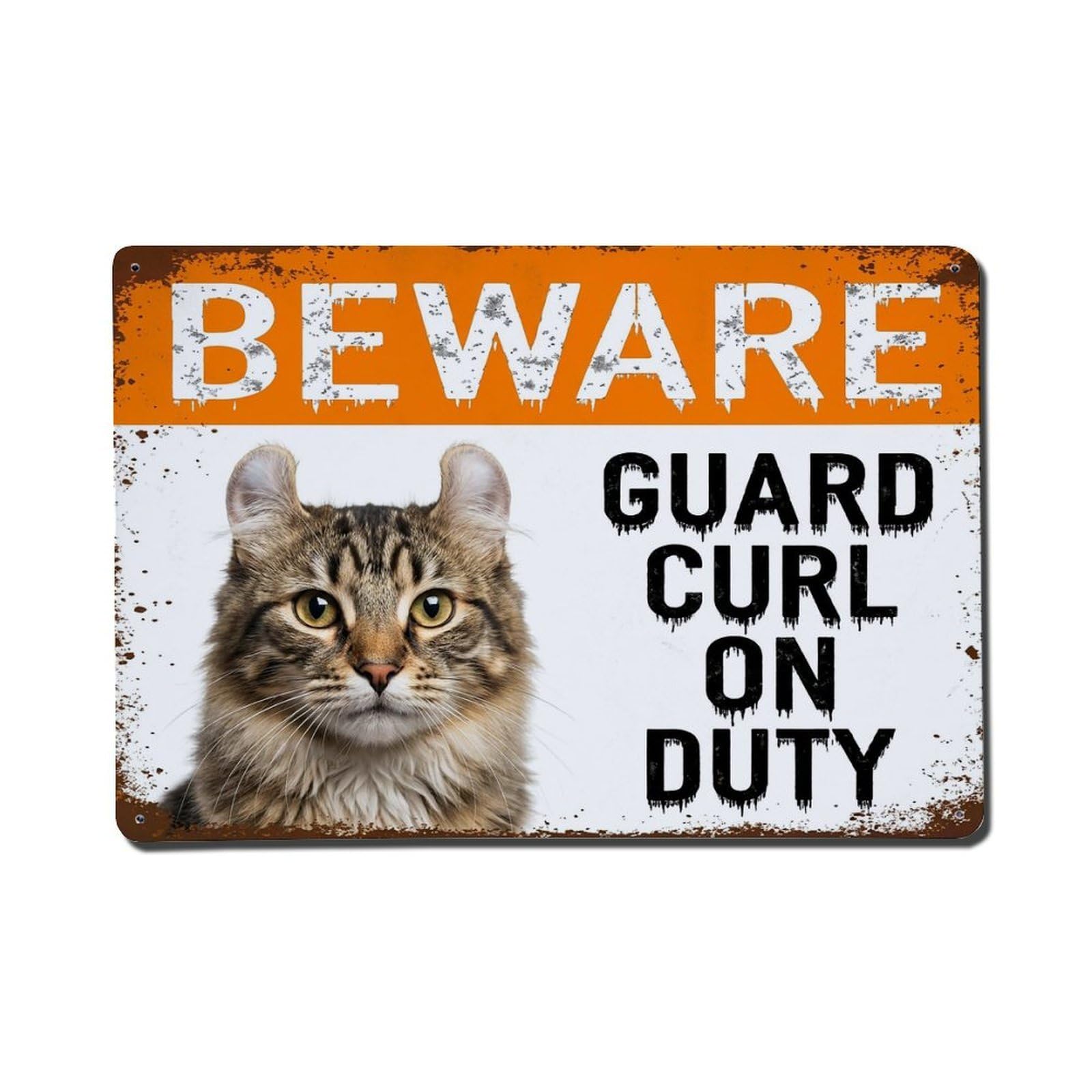 Vintage Funny American Curl Guard Beware of Cat Terrace Metal Tin Sign Plaque Wall Decor for Cafe, Club Bar, Office, Garden Metal Poster 8x12Inch