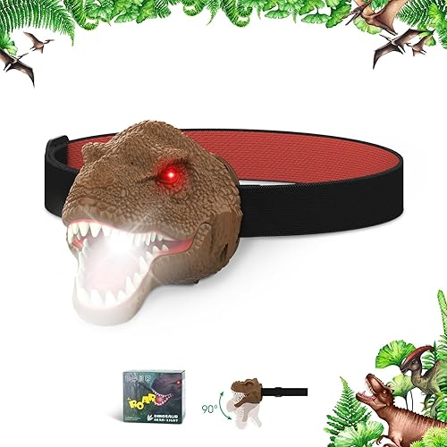 Dysaim Linterna frontal de dinosaurio para niños, lámpara de cabeza para acampar al aire libre, linterna de equipo esencial, juguetes de dinosaurio
