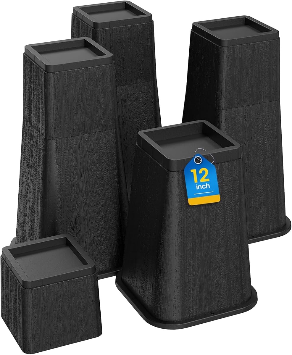 MYMULIKE Bed Risers 12 Inch Heavy Duty, Stackable Furniture Risers Lifts 4inch 8inch, 12inch for Table, Desk Leg, Sofa, Couch, Supports Up to 6,000 Lbs, Black, 4 Pack