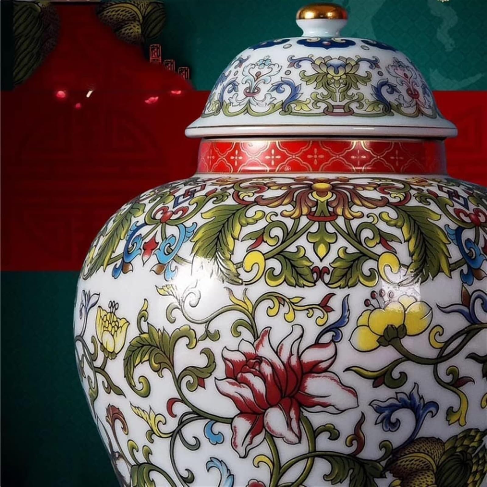 Porcelanowy wazon na słoik imbirowy - dekoracyjny ceramiczny wazon na kwiaty z pokrywką, wzór chińskiej świątyni