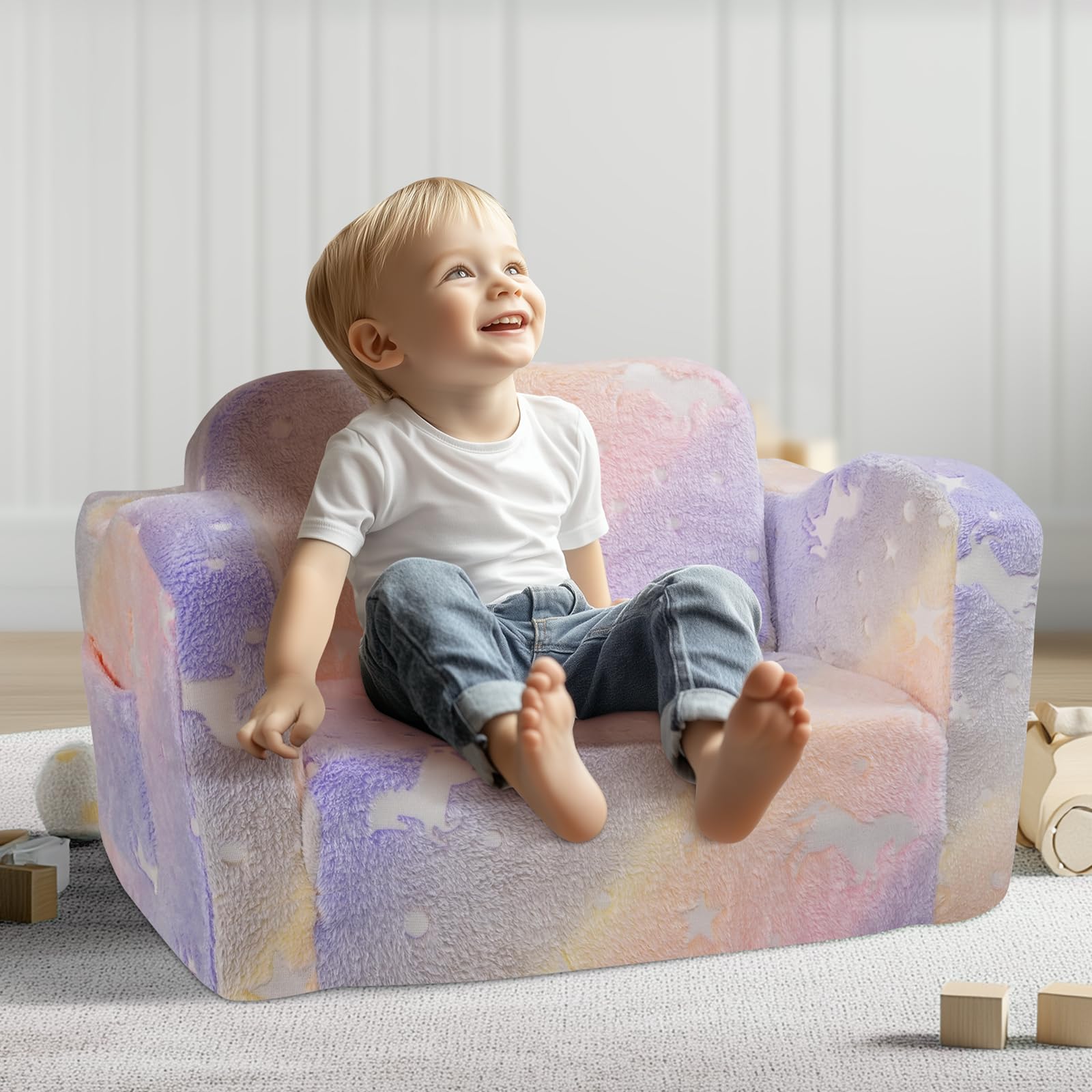 VEVOR Seggiolone Pieghevole 2 in 1, Divano Letto per Bambini Comodo, Divano Schiuma 25D Convertibile, Mobili da Sala Giochi per Bambini Arcobaleno