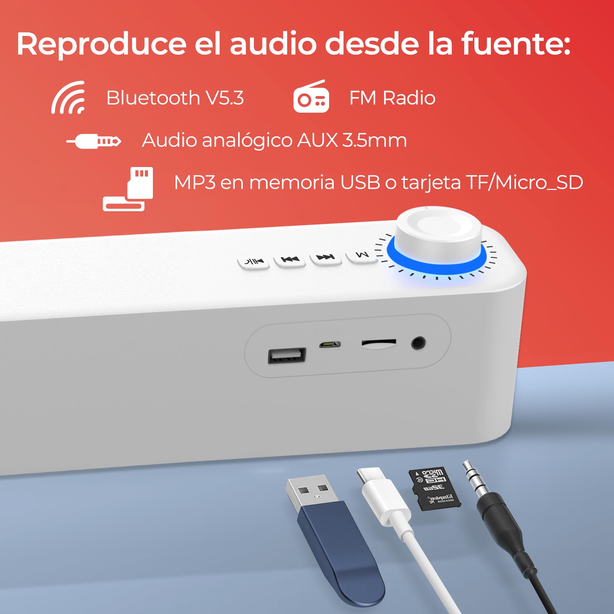 Atlantis Soundbar 20 W, Conector Jack 3,5 mm + Bluetooth 5.3, batería 2400 mAh, Radio FM, Altavoz para PC, portátil, TV, Smartphone. Dimensiones: 420 x 60 x 74 mm. Color: Blanco. P003-C0820-B