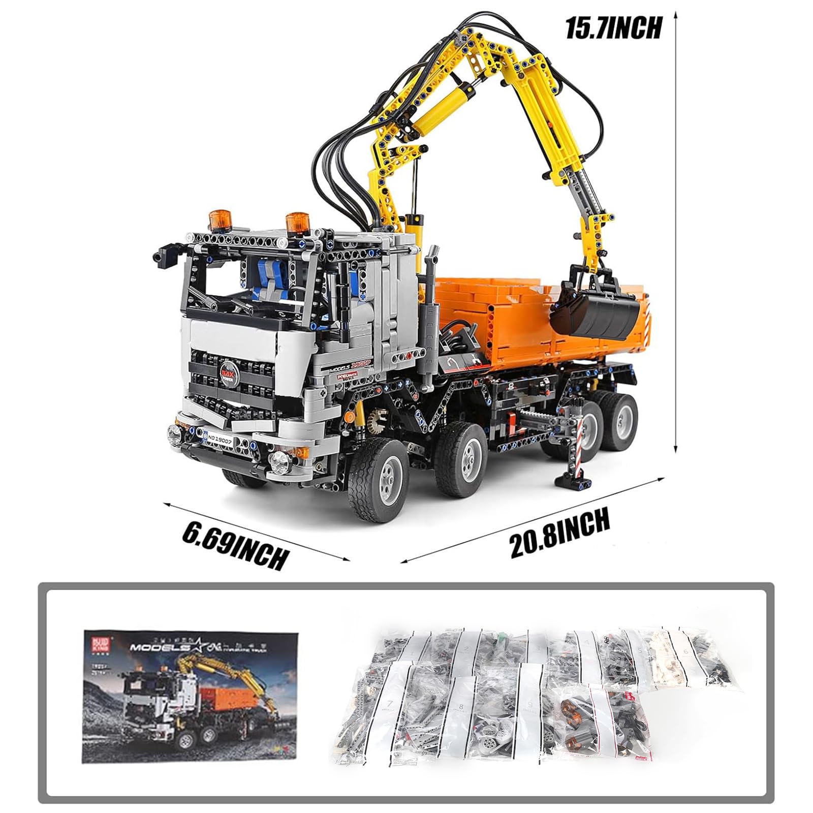 Mould King 19007 Technik Kran Pneumatischer LKW Bausteine, Engineering Truck mit Fernsteuerung und Motoren, 2819 Teile groß MOC Fernbedienung Auto Klemmbausteine Bricks Spielzeug