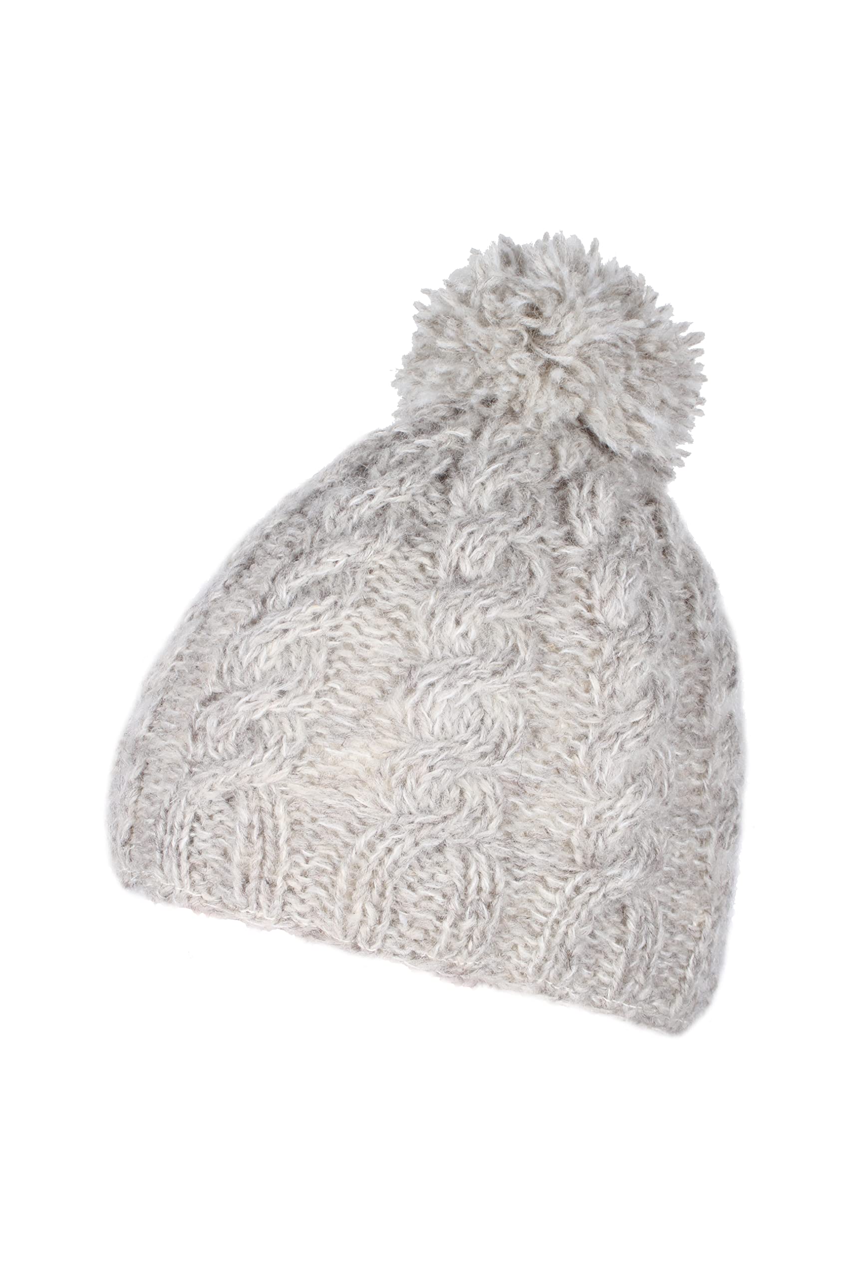 Pachamama Women Wool/Mohair Beanie Bobble Hat Sherpa Fleece Lined Handknitted Cable Knit One-Size Handmade Extra Warm Fair Trade (Oatmeal)