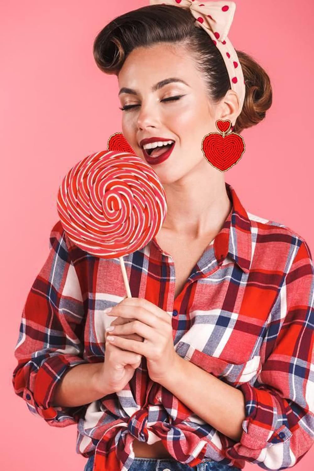 Valentines Earrings Beaded Heart Earrings for Women Dangling Hypoallergenic Red Heart Dangle Earrings Hot Pink Holiday Double Heart Earings Valentines Birthday Jewelry Gift for Her - Image 6