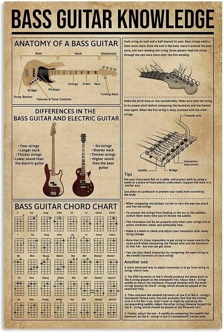 rayprint Guitarist Favorites Metal Sign Bass Guitar Knowledge Tin Plaques Wall Hanging Signs For Music Classroom Guitar Beginner Study Guide Aluminum Poster Home Club Office Decor