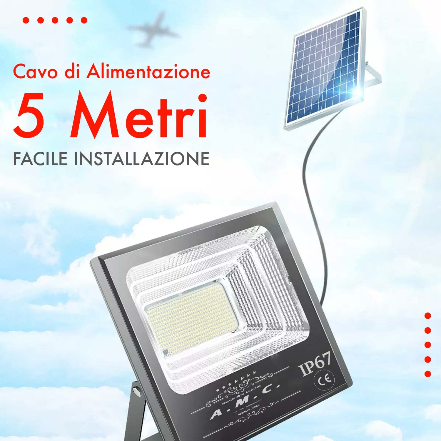 AMC Faro led esterno con pannello solare 800 Watt, luci solari, Lampade da parete per esterni, luci solari da giardino con pannello crepuscolare, angolo di illuminazione 120°, 5 m, isolamento IP67