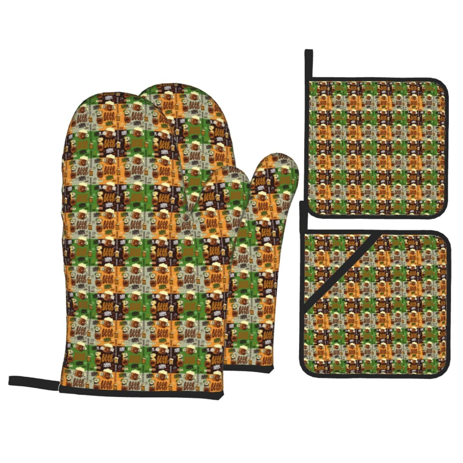 Beer Print Stylish Heat-Resistant Oven 4-Piece Set Kitchen Gloves Roasting Daily Cooking