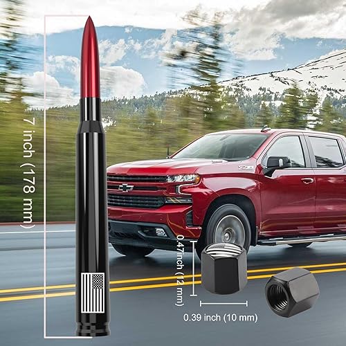 Vista 90 de Antena con válvula de neumático para automóvil y camión, antena corta universal de repuesto con bandera de EE. UU., accesorios para radio Plateado