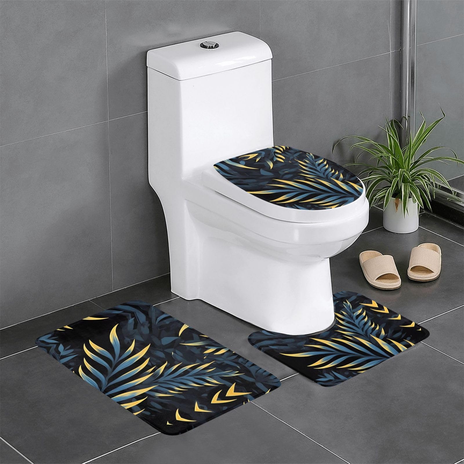 Tapis de salle de bain antidérapants trois pièces motif végétal sombre pour toilette
