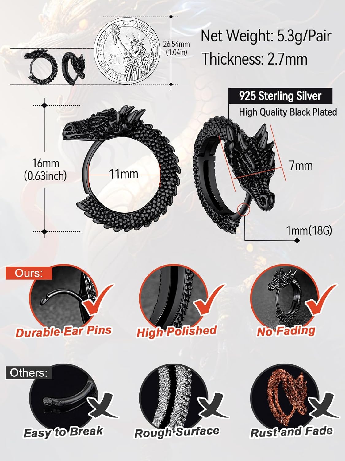 FaithHeart Viking Animals Huggie Hoop Earrings for Men, Gothic Dragon/Snake/Dinosaur/Wolf Earrings Stainless Steel Hypoallergenic Lightweight Stud Earrings Mens Punk Rock Jewelry Gift - Image 5