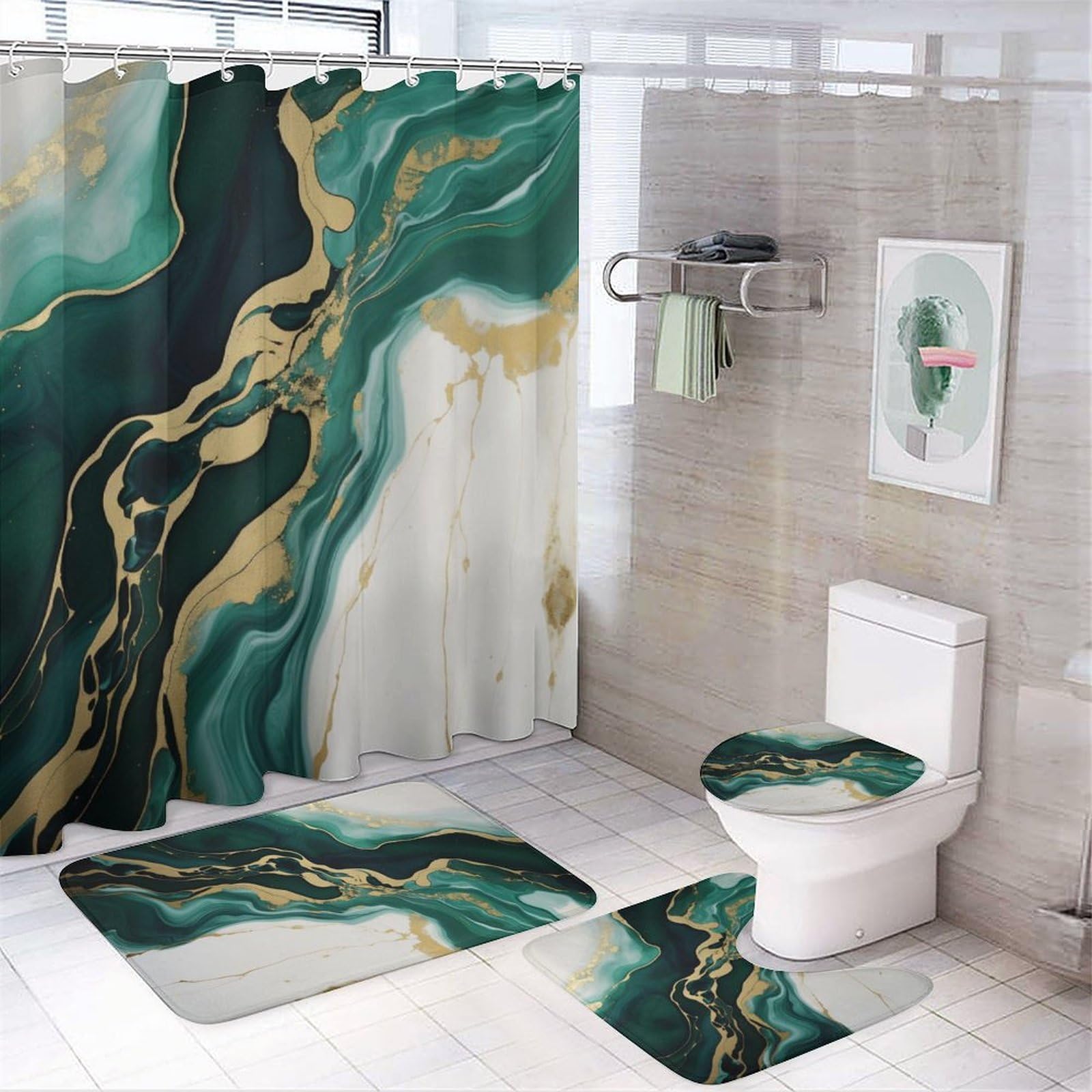 4Pcs Dark Green Marble Shower Curtain Sets with Non-Slip Rugs, Toilet Lid Cover and Bath Mat, Modern Abstract Gold Foil Line Striped Bathroom Decor
