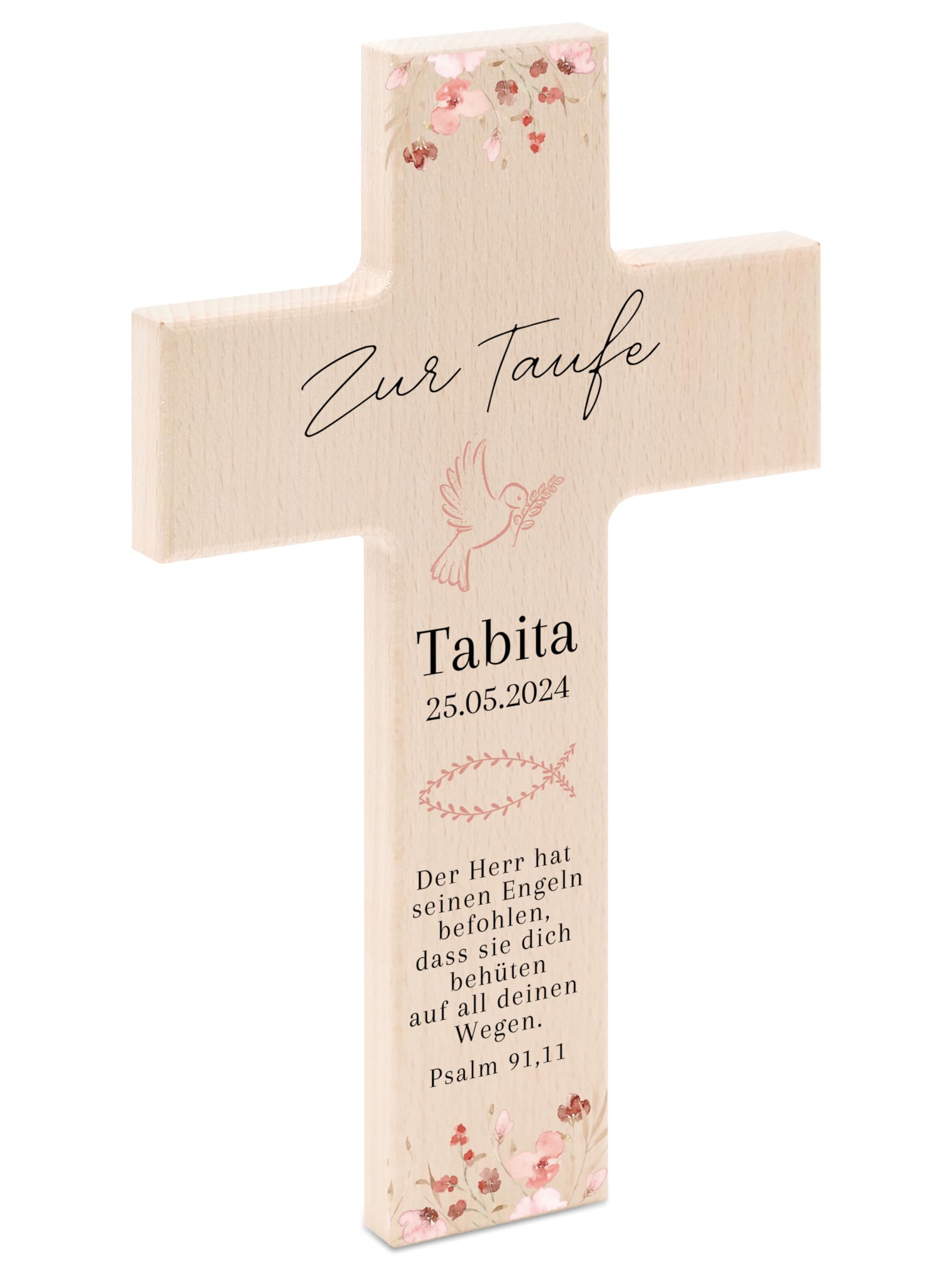 Bärenfreunde - Personalisiertes Taufkreuz mit hochwertigem Spezial-Druck aus massivem Buchenholz - Taufe Geschenk - Holzkreuz Taufe (Blumen Taufpsalm)