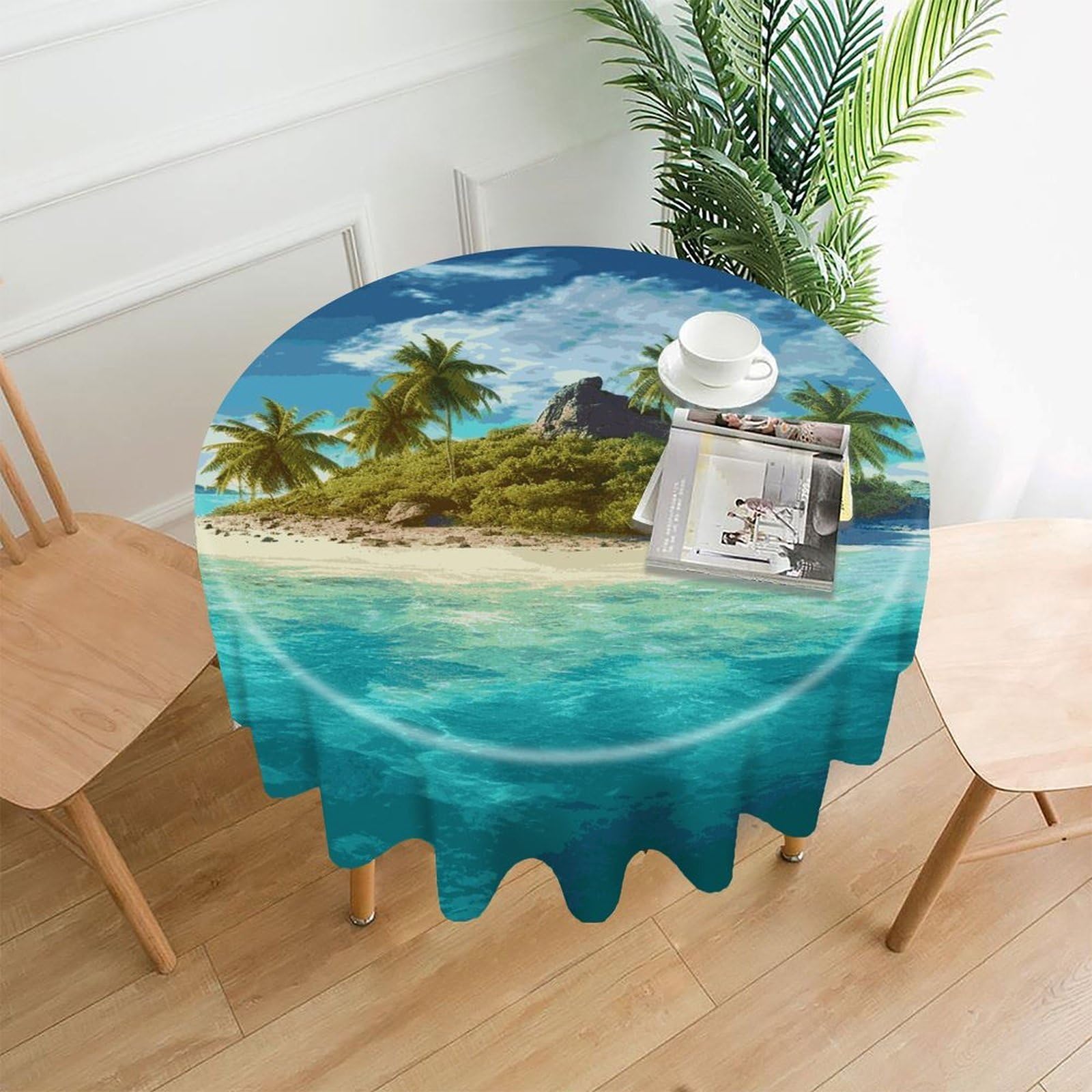 FekiLoot Tropical Island Round Tablecloth Cover 60 Inch Wrinkle Free Washable Polyester Fabric Table Cover Decorative Round Table Cloth for Home Dining Kitchen Party Farmhouse
