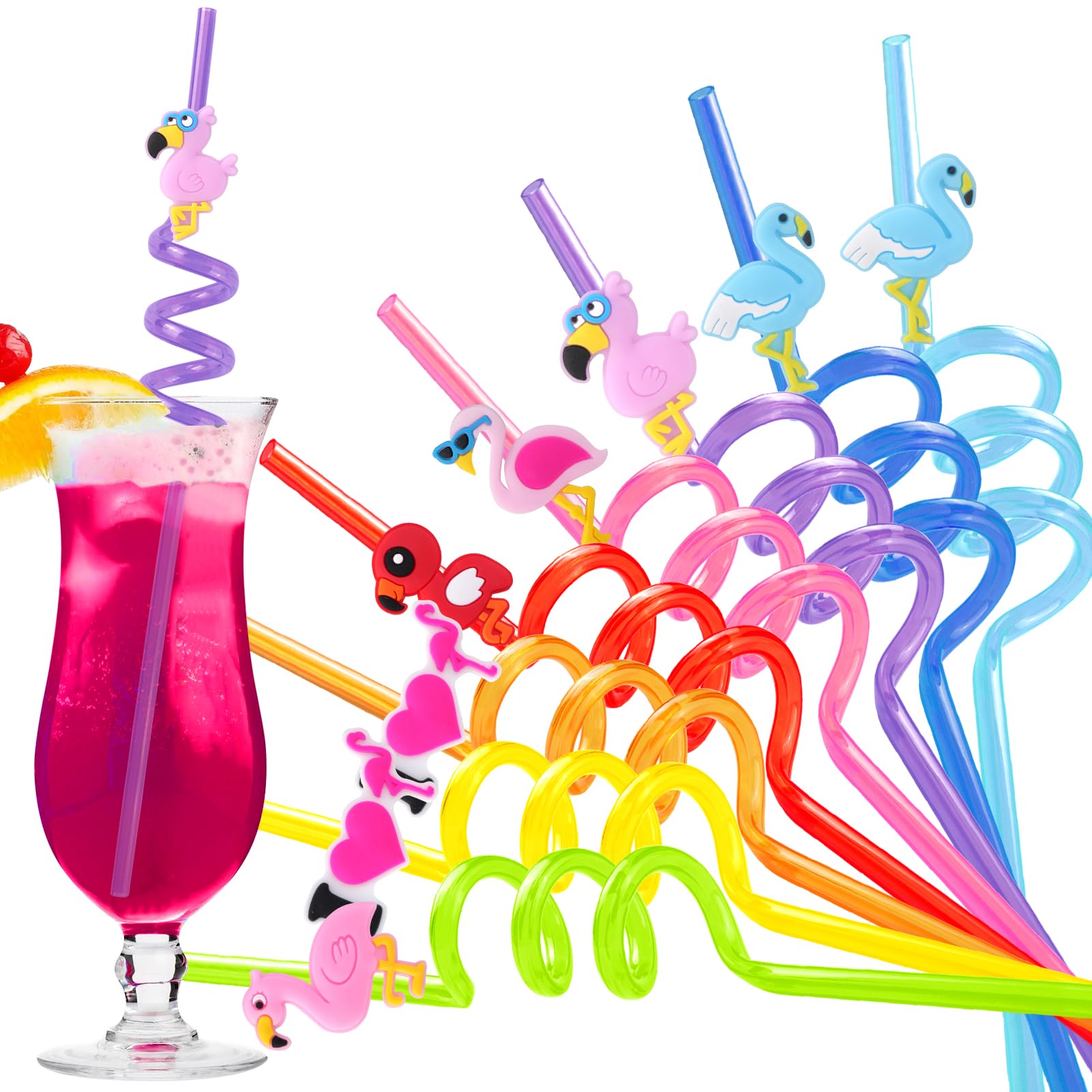 Reusable Drinking Straws for All Ages - Flamingo Drinking Straws for Tropical Parties and Events - 24 Pcs with Luau Hawaiian Designs, Party Favors, Decorations, Plus 2 Cleaning Brushes