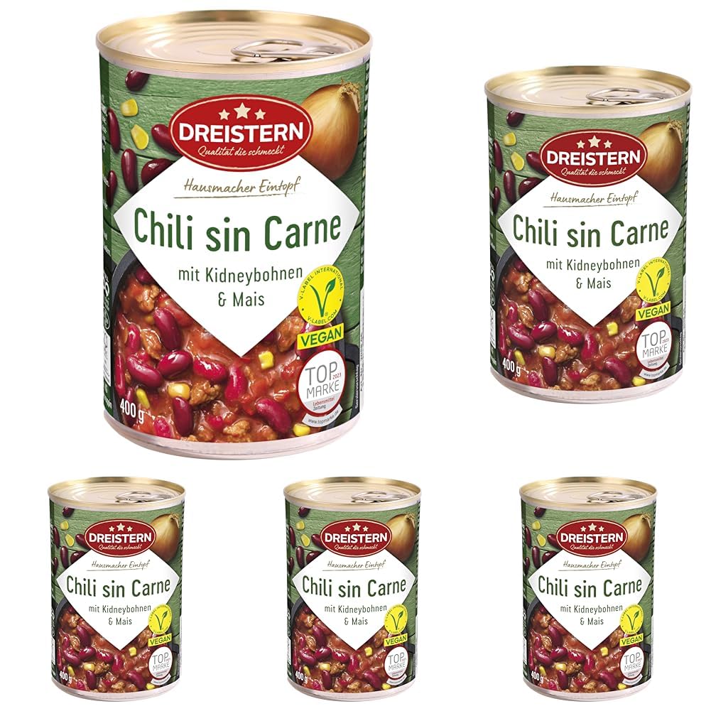 DREISTERN Chili sin Carne 400g | Veganer Eintopf in der recyclebaren Konservendose | Vegetarisch mit viel Einlage mit Soja, Bohnen & Mais (Packung mit 5)