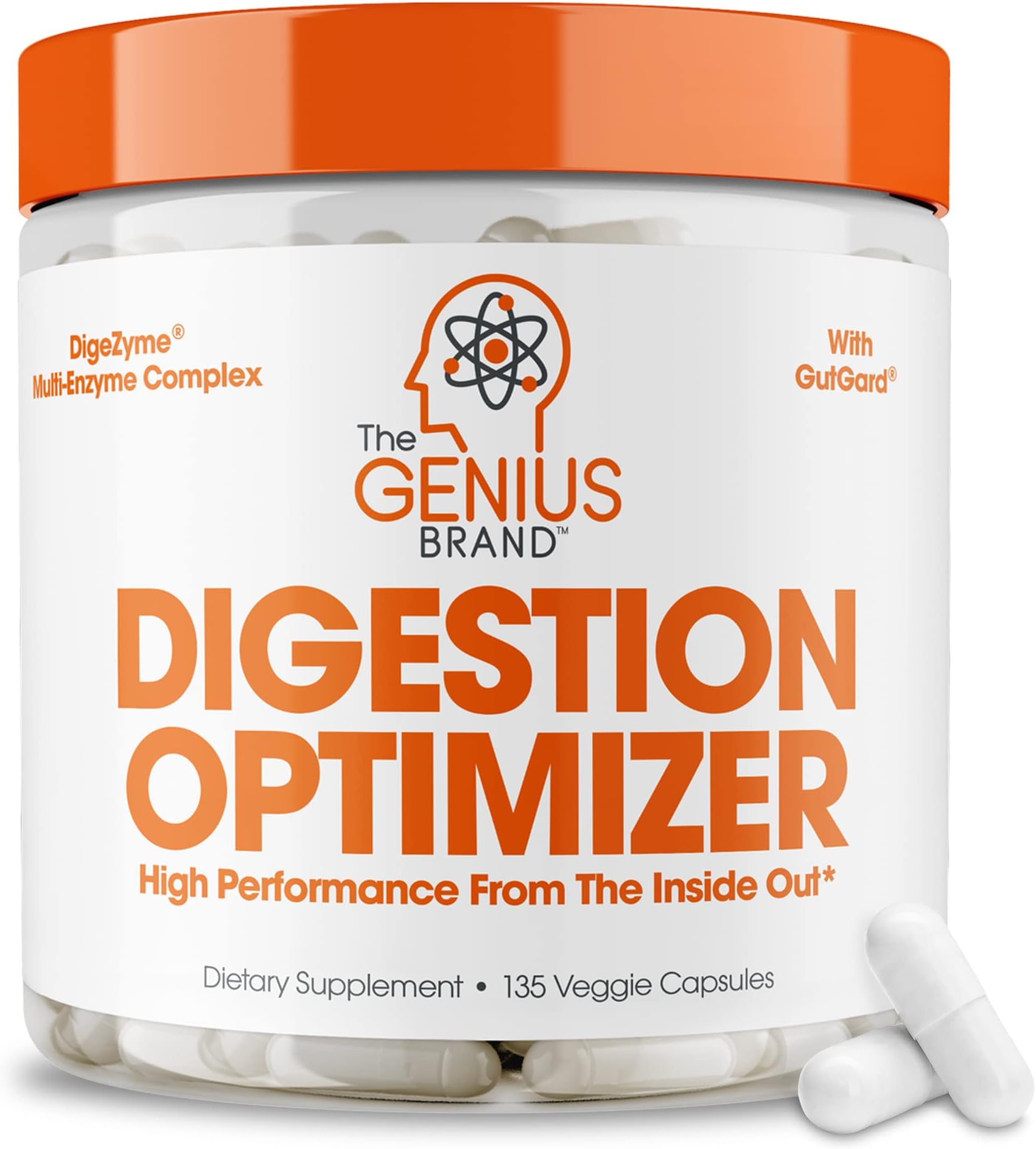 The Genius Brand Digestive Enzymes for Digestive Support, Health & Wellness - Natural Relief Formula for Gas, Heartburn, & Constipation with Bromelain, Ginger & Prebiotics - 135 Vegetarian Capsules