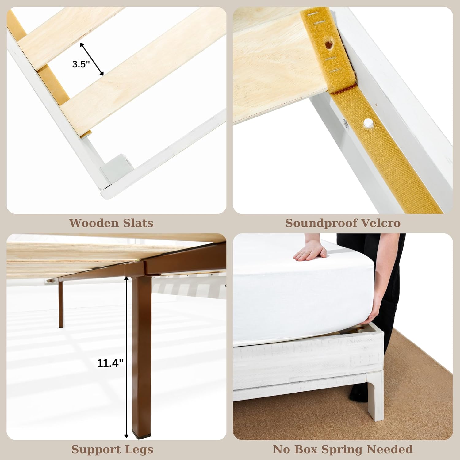 Bme Ethan Solid Wood King Bed Frame with Diamond Headboard - Rustic & Mid-Century Modern - Acacia Wood Platform Bed - Compatible with All Mattresses - No Box Spring Needed - Rustic White