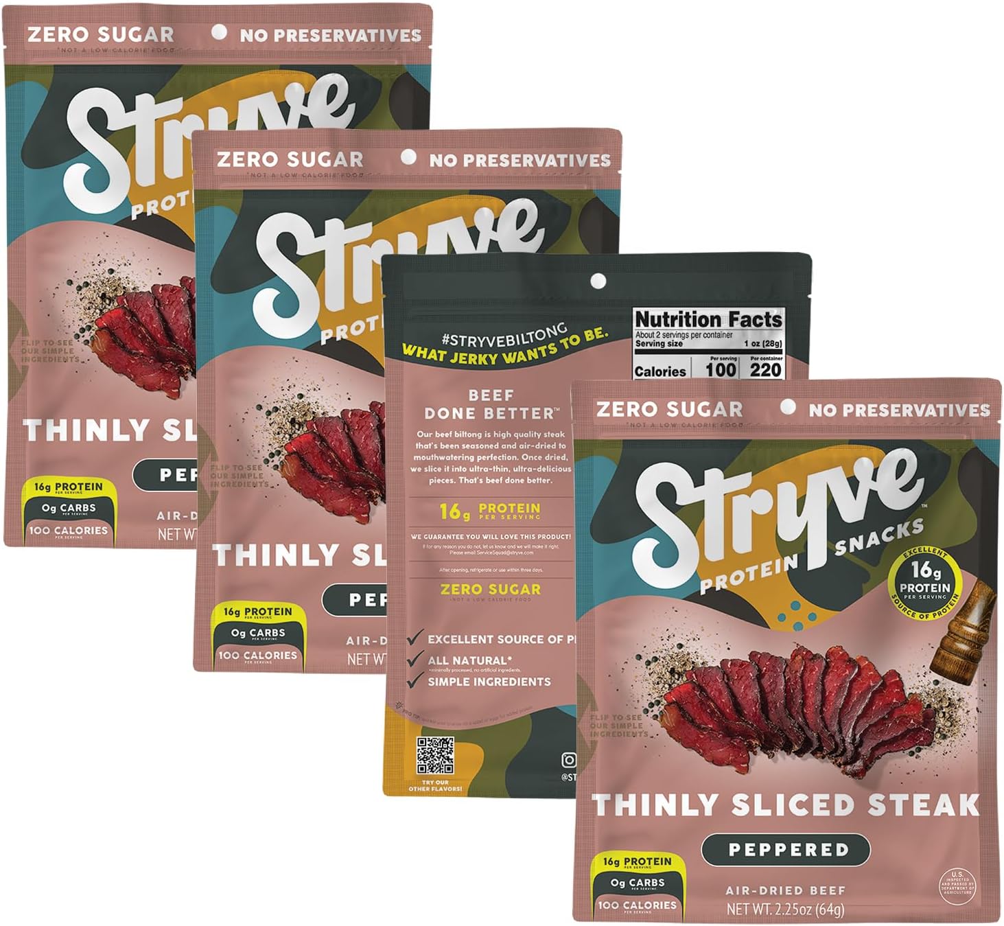 Stryve Biltong, Beef Jerky without the Junky. 16g Protein, Sugar Free, No Carbs, Gluten Free, No Nitrates, No MSG, No Preservatives. Keto and Paleo Friendly. Peppered, 2.25oz 4-Pack