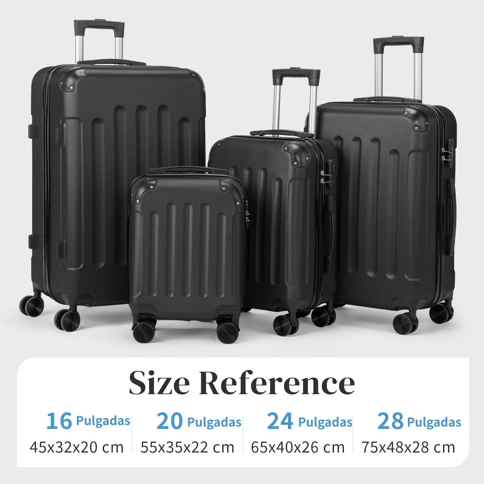 LEADZM Juego de Maletas de 4 Piezas con Refuerzos de Esquina (Negro) | Maletas de Viaje Grandes 23 Kilos, Maleta Cabina, Mediana, Maleta de Viaje