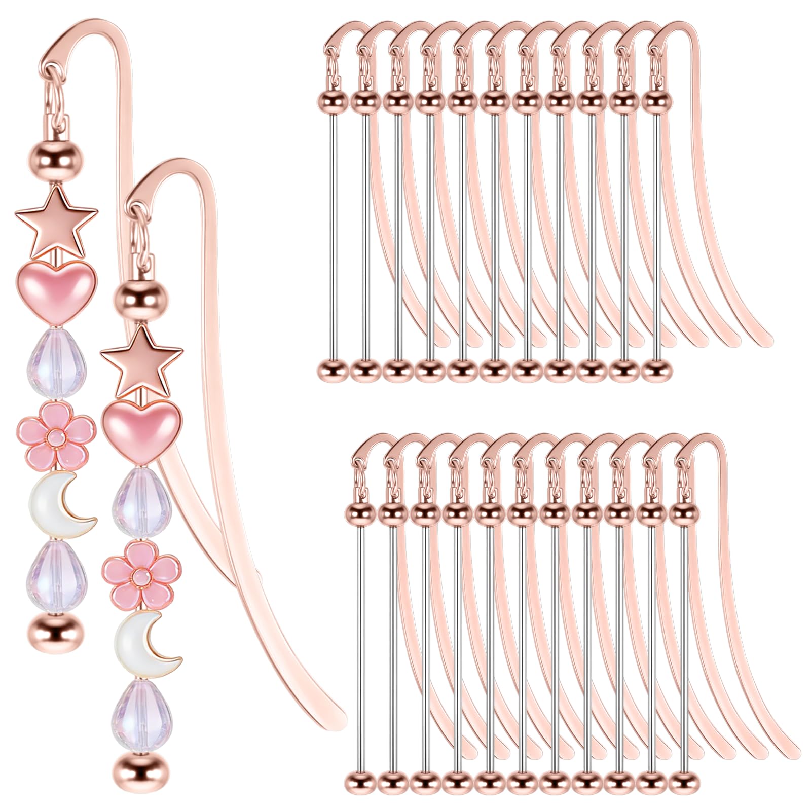 24 Pcs Beadable Bookmarks Bulk DIY Metal Blank Bookmarks to Decorate Beadable Items Beaded Craft Jewelry Bar Pendant Charm Gifts Office Supplies for Book Lover (Rose Gold)