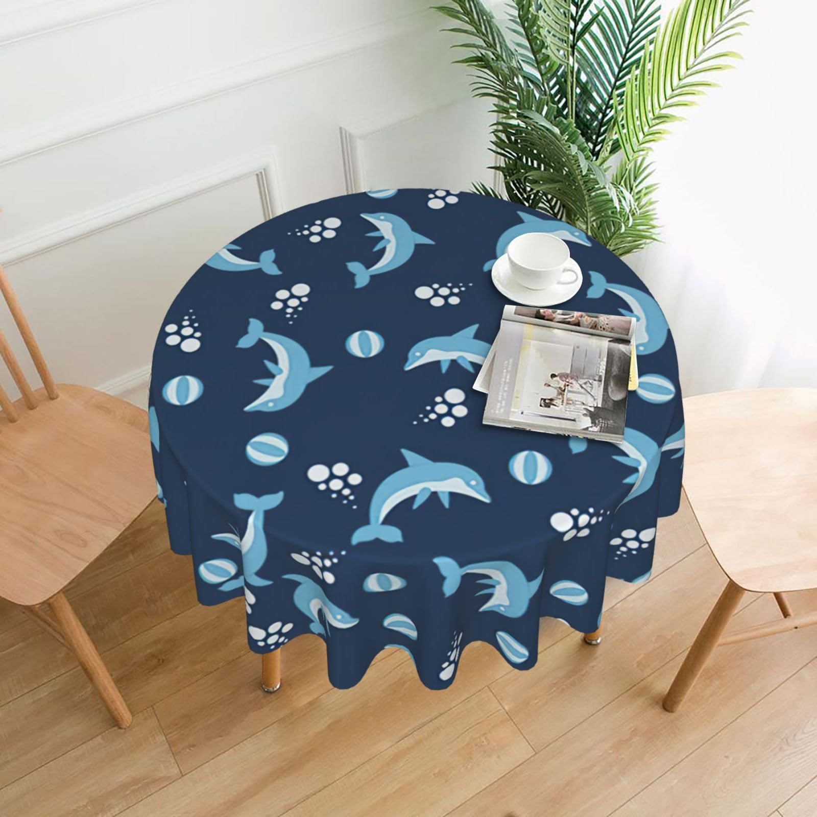 SDEGTHO dolphin balls Print Modern Retro Round Tablecloth 60in Polyester Fabric Cover for Party Dining Table Washable