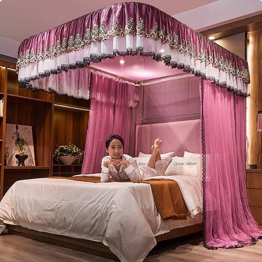 European Court Bed Canopy Mosquito Net for Single and Double Beds with Metal Bracket (Colour: Blue-1, Size: 150X200CM) (Color : Pink-1, Size : 180X200CM)