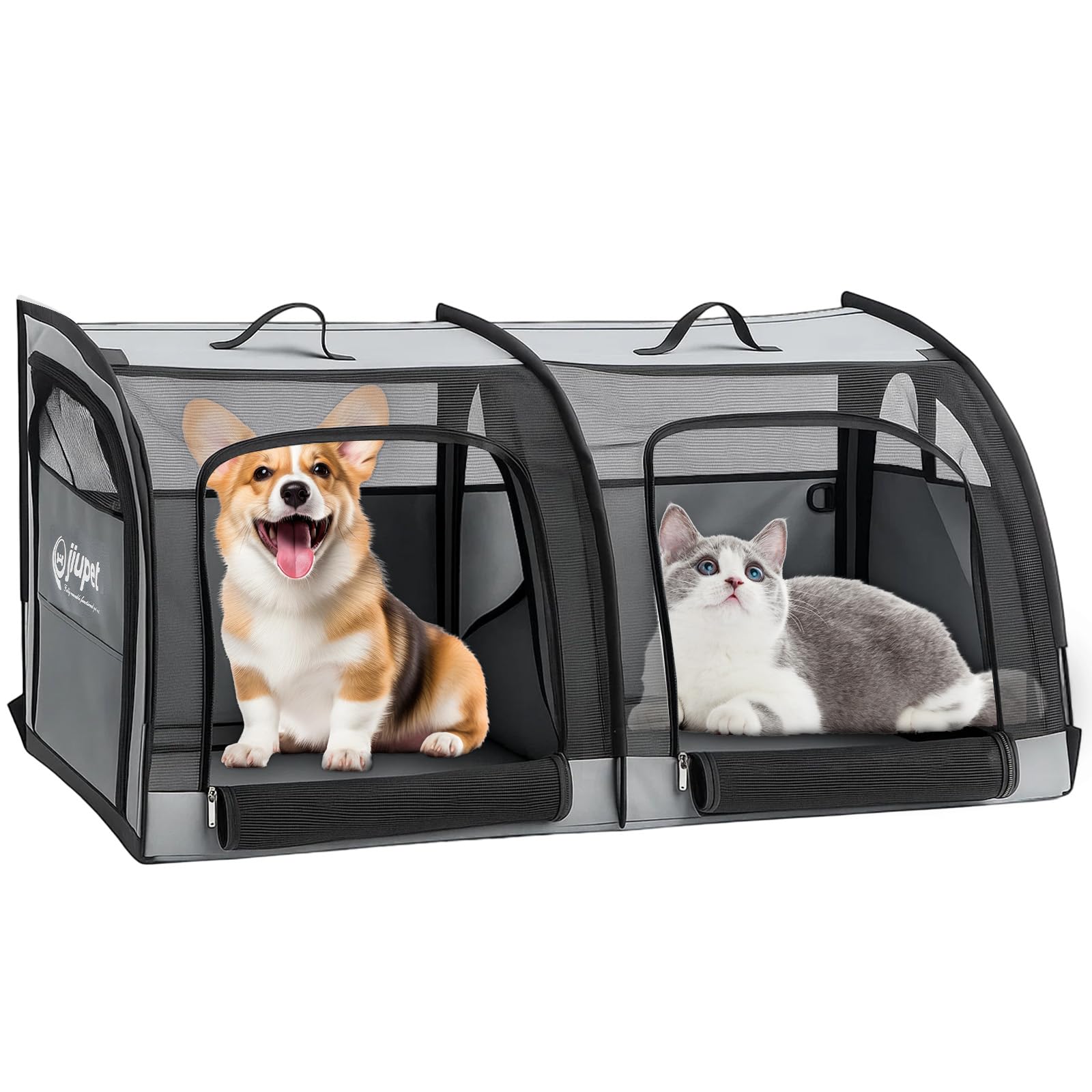 GROWNEER Double Pet Travel Carrier for Cats & Small Dogs – Foldable Twin Compartment Pet Crate with Breathable Mesh, Scratch-Resistant Material, Portable for Car Travel & Vet Visits