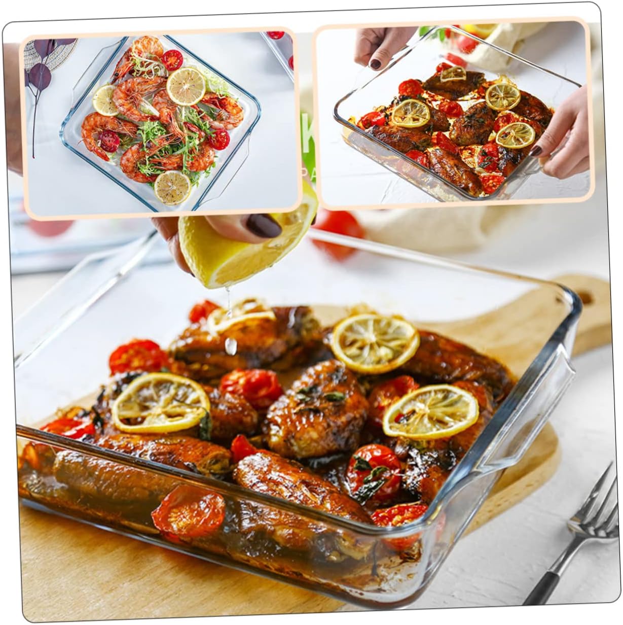 8 Inch Glass Baking Tray Dual Handles Non-Stick Pizza Pan Oven Safe Steak Baking Dish Pizza Fish and Casseroles