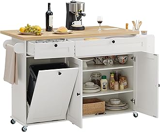 60" Kitchen Island with Power Outlet & Drop Leaf, Kitchen Rolling Island with Spice Rack & Towel Rack, Knife Holder, Kitchen Island Cart with Trash Storage Cabinet, Mobile Island Table for Kitchen