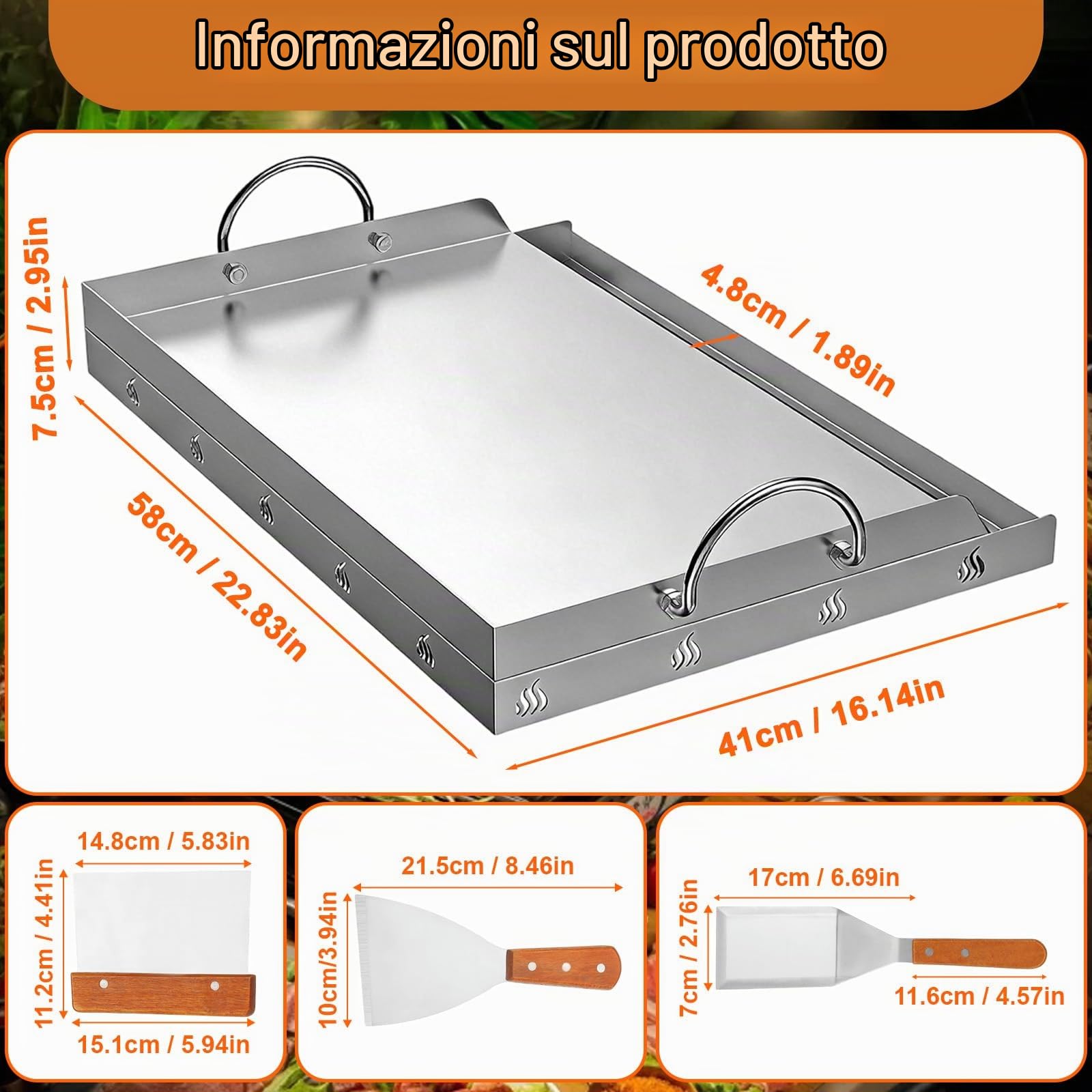Piastra Acciaio Inox con 2 Spatole e Manici, Raschietto, Bistecchiera Rettangolare Universale 58x41x7.5cm, Piastre Barbecue Ghisa Fornelli Gas Accessori Griglia BBQ per Campeggio Festa Eventi Esterno
