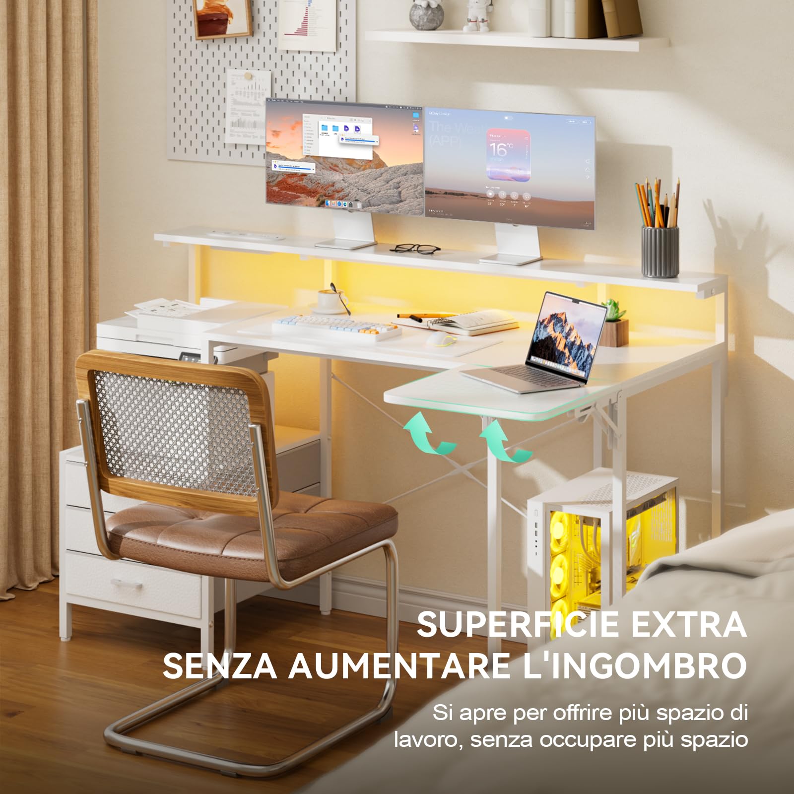 SOLAVERO Scrivania Angolare con Piano Pieghevole, 140cm Scrivania Gaming a l con Prese & USB-C, Tavolo Computer con Cassetti in Tessuto, Tavolo Ufficio con Supporto per Monitor, Bianco