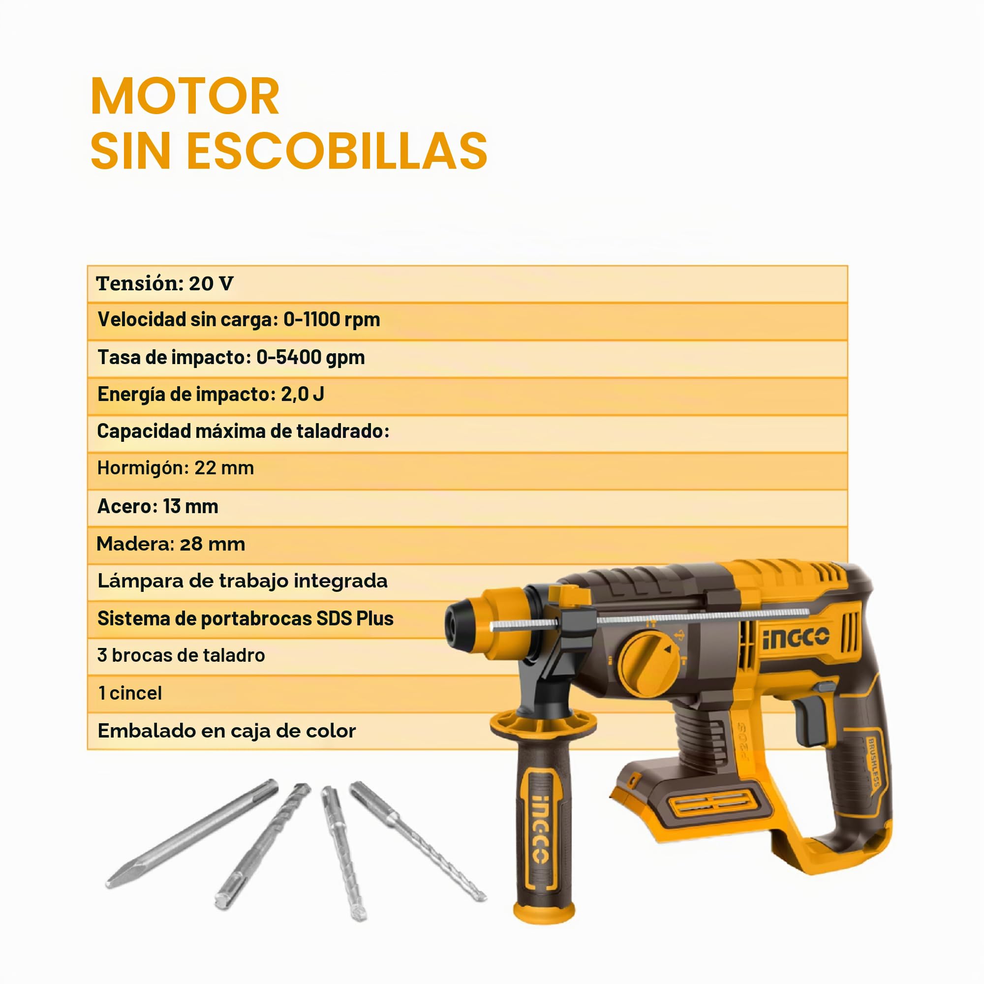 INGCO Martillo perforador rotativo SDS-Plus de iones de litio de 20V (solo cuerpo) con motor sin escobillas, perilla de ajuste de función 4 en 1, 2,0J, 5400 BPM, 1100 RPM, 3 brocas y 1 cincel