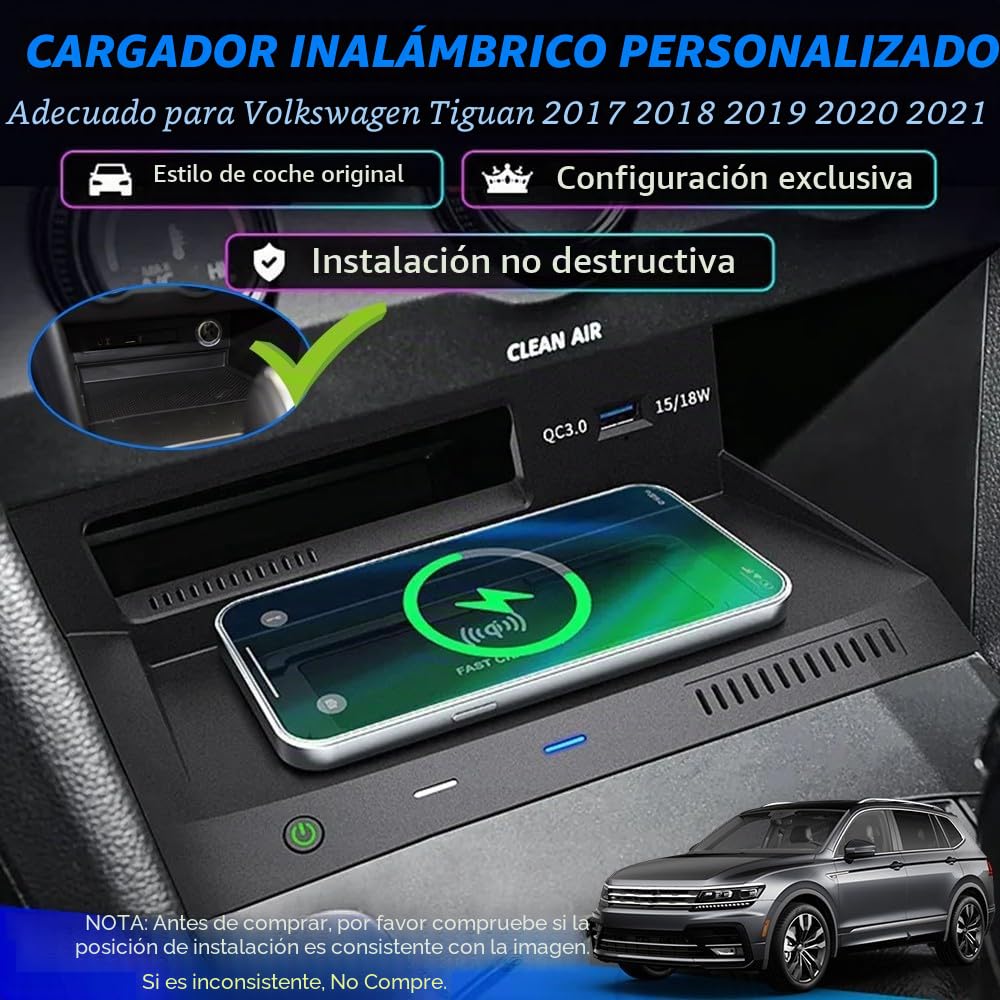 Cargador de Coche Inalámbrico para Volkswagen VW Tiguan 2017 2018 2019 2020 2021, 15W Carga Rápida Coche Teléfono Cargador con 18W QC3.0 USB, para Volkswagen Tiguan Interiores Accesorios