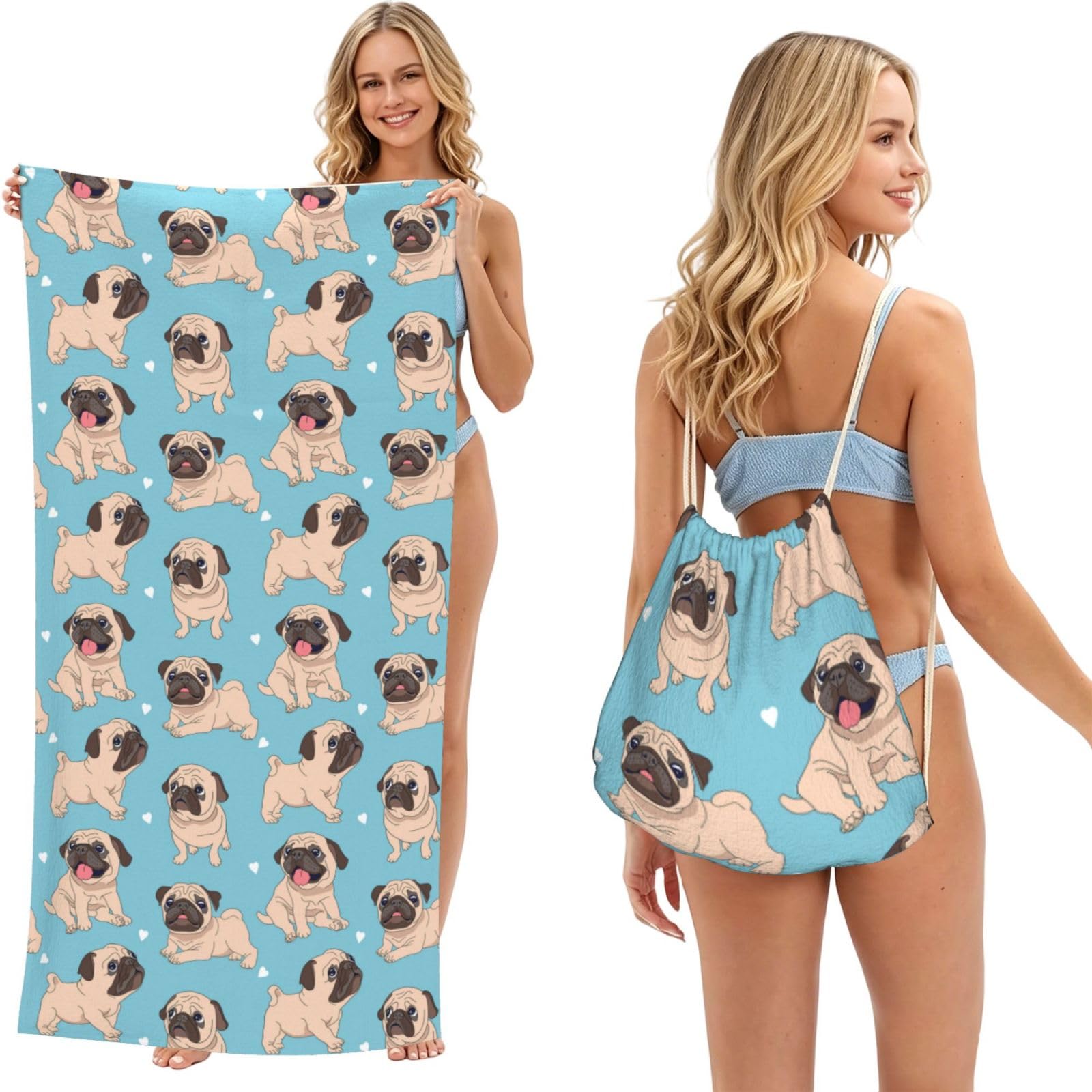 Poadnly Pug, 2 in 1 Packable Towel Bag, Beach Towels with Drawstring Backpack for Travel Holiday Camping