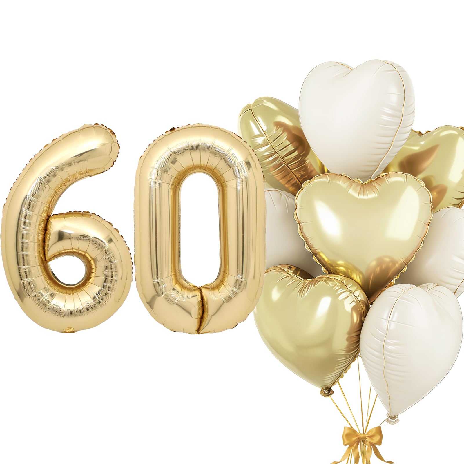Light Gold Balloon 60, Foil Balloon Number 60, Heart Foil Balloon Light Gold Beige, 40 Inch Helium Balloon 60 with Heart Balloons, Balloon 60th Birthday Decoration Set for Birthday Anniversary Party